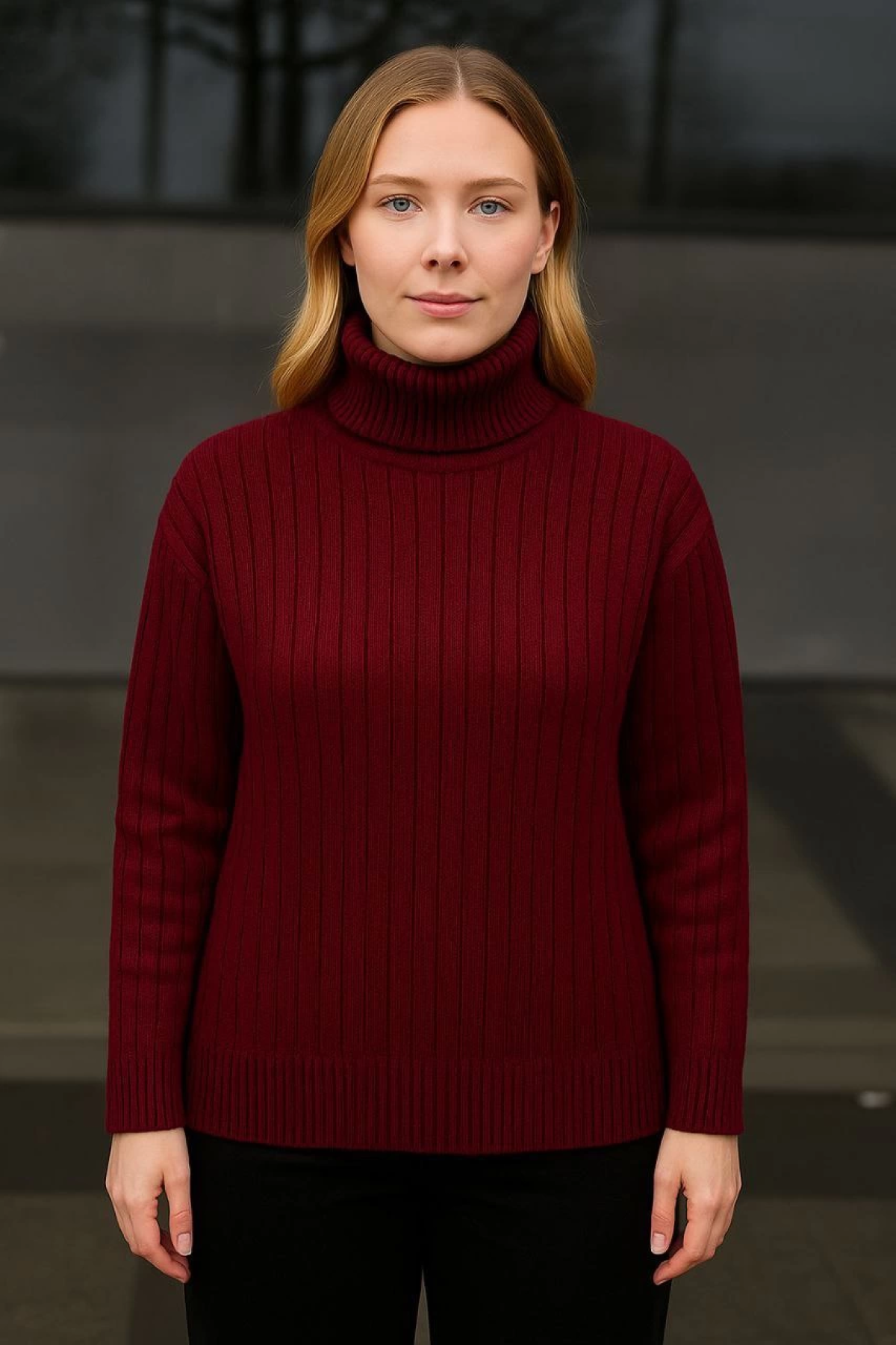 Velmora    Balıkcı Yaka Bağazlı Triko Kazak Pamuklu Kalın Fitilli Dokuma - Bordo