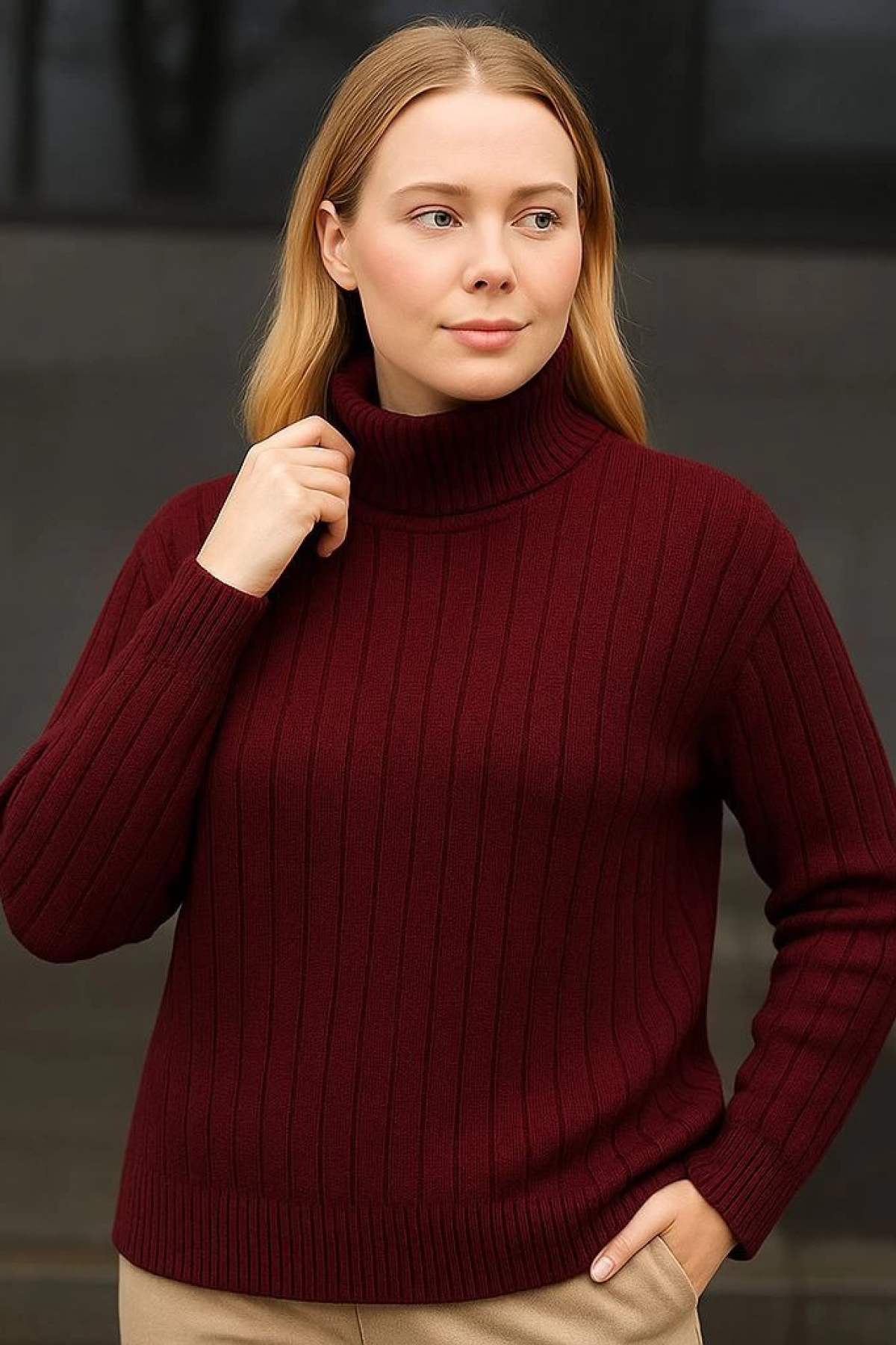 Velmora    Balıkcı Yaka Bağazlı Triko Kazak Pamuklu Kalın Fitilli Dokuma - Bordo