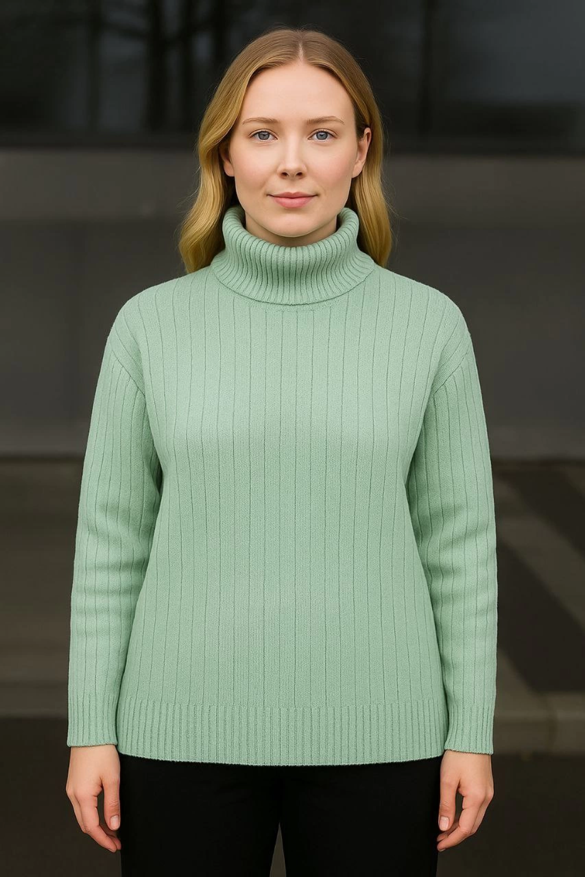 Velmora    Balıkcı Yaka Bağazlı Triko Kazak Pamuklu Kalın Fitilli Dokuma - Mint Yeşili
