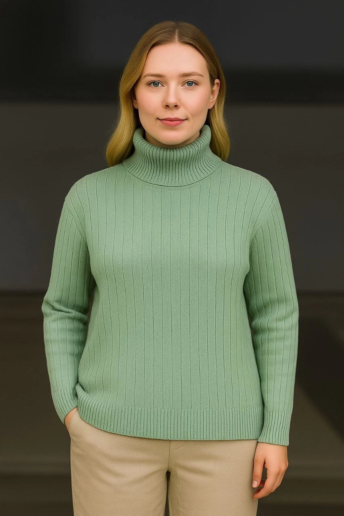 Velmora    Balıkcı Yaka Bağazlı Triko Kazak Pamuklu Kalın Fitilli Dokuma - Mint Yeşili