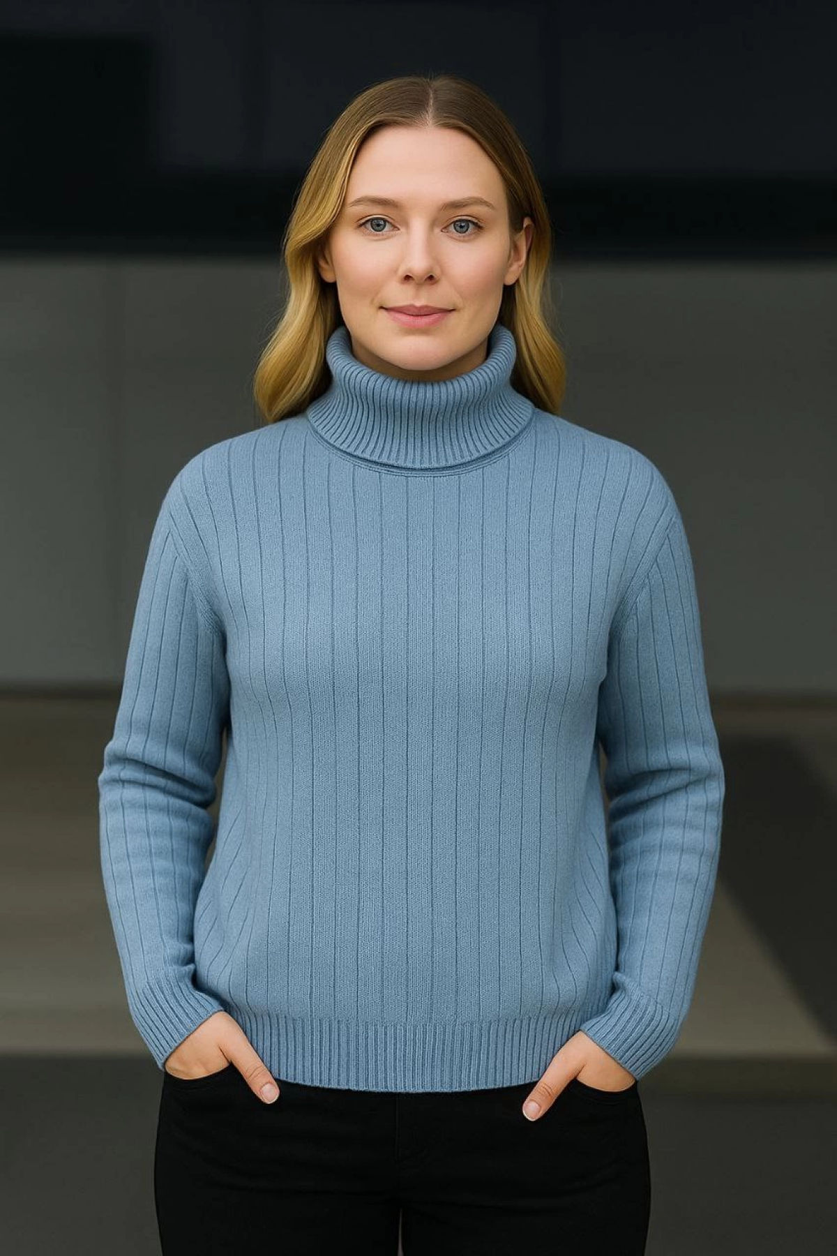 Velmora    Balıkcı Yaka Bağazlı Triko Kazak Pamuklu Kalın Fitilli Dokuma - Bebek Mavisi