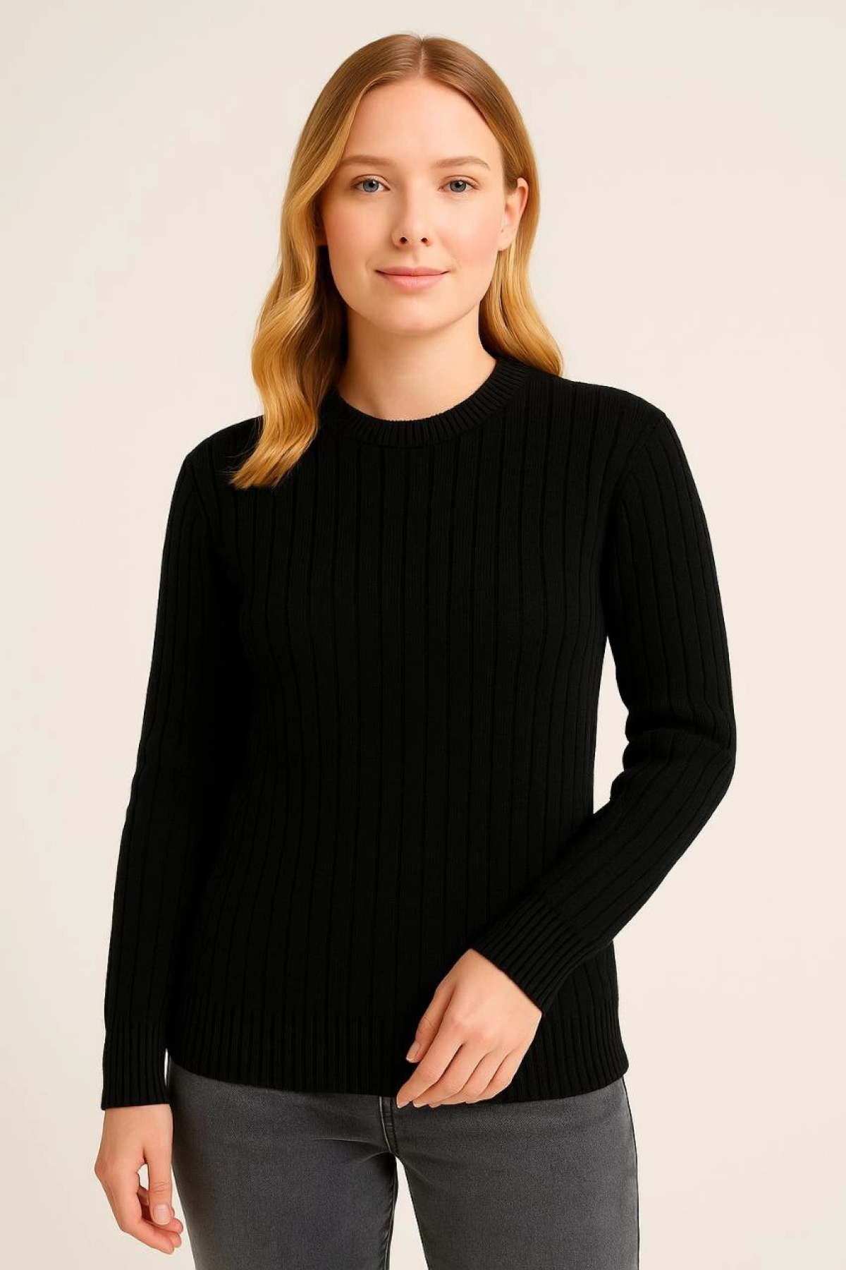 Velmora    Bisiklet Yuvarlak Yaka Triko Kazak Pamuklu Kalın Fitilli Dokuma, Regular Fit Uzun Kollu Kışlık Model - Siyah