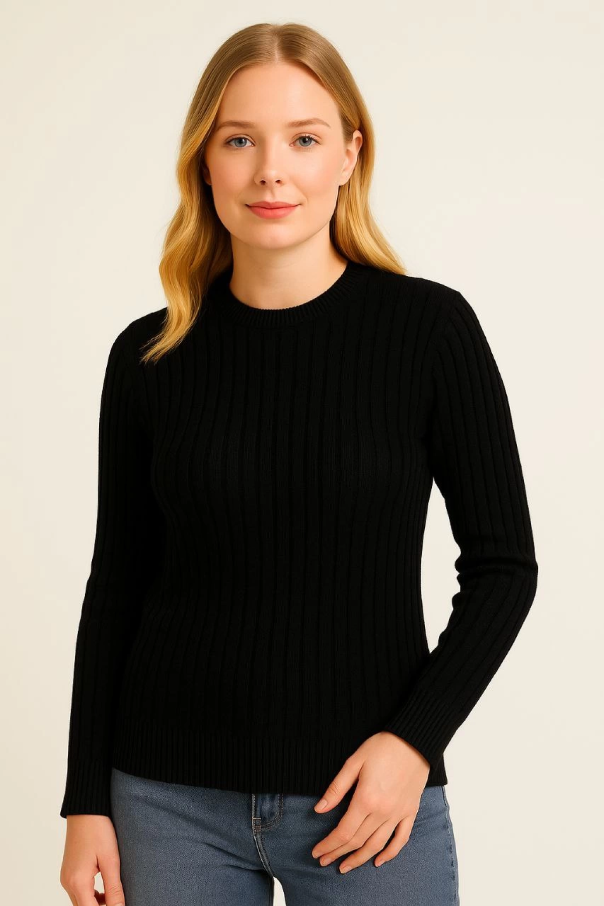 Velmora    Bisiklet Yuvarlak Yaka Triko Kazak Pamuklu Kalın Fitilli Dokuma, Regular Fit Uzun Kollu Kışlık Model - Siyah