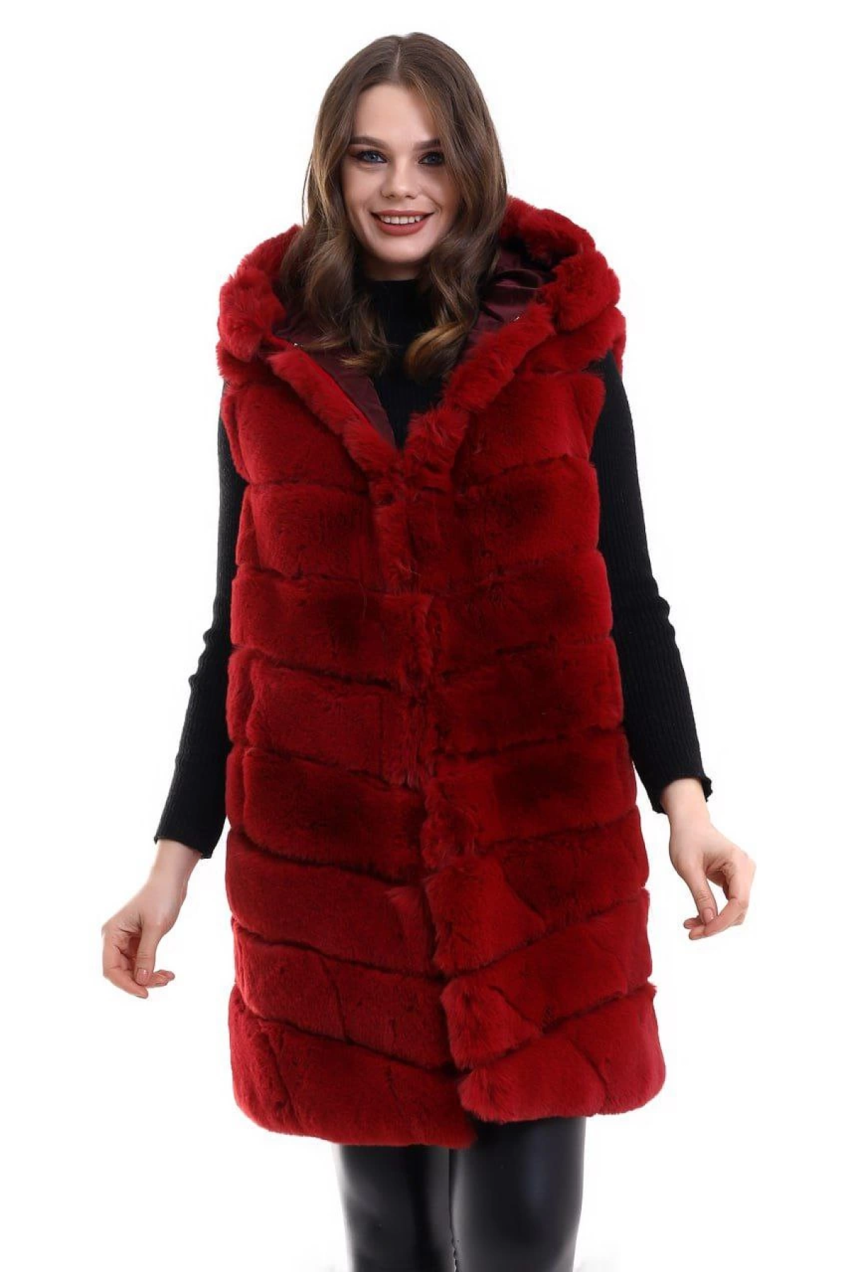Velmora    Kapşonlu Peluş Kürk Yelek Premium Kalite, Tam Astarlı, Uzun Model - Kırmızı