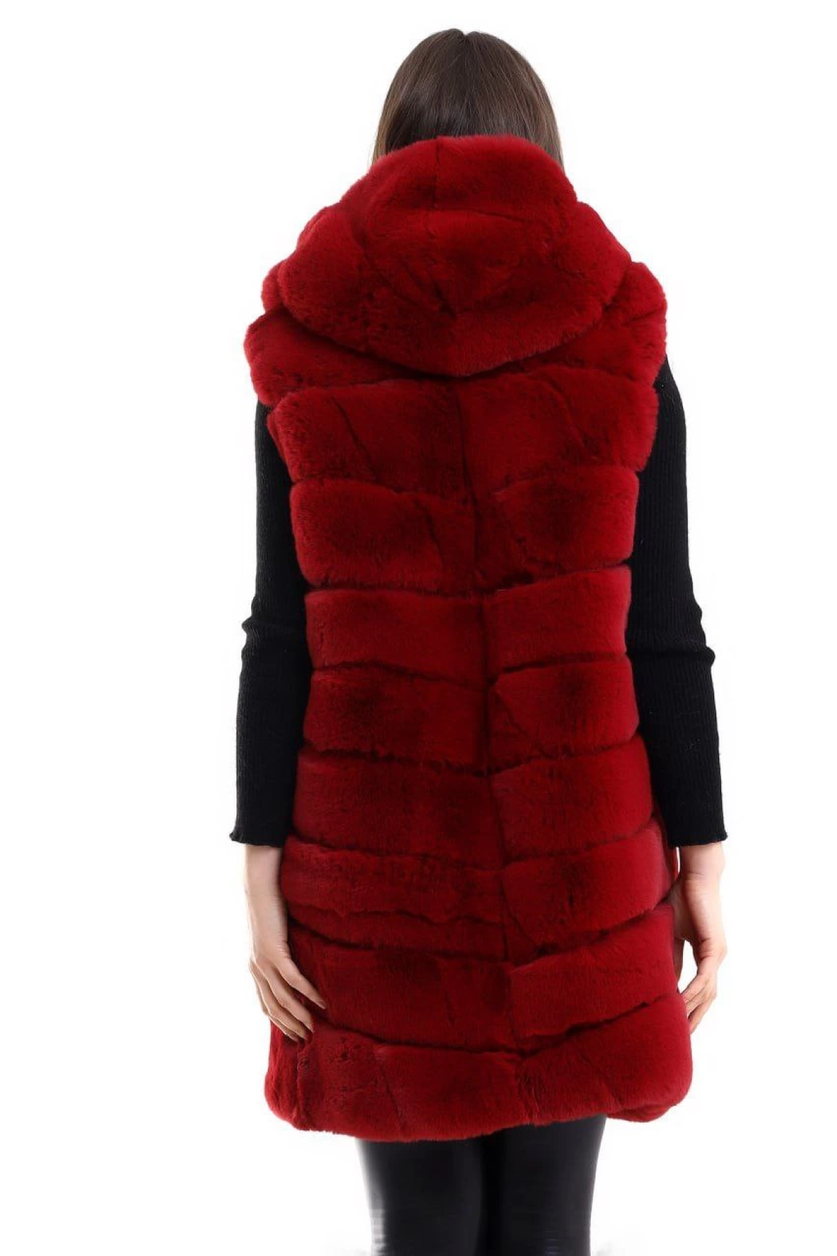 Velmora    Kapşonlu Peluş Kürk Yelek Premium Kalite, Tam Astarlı, Uzun Model - Kırmızı