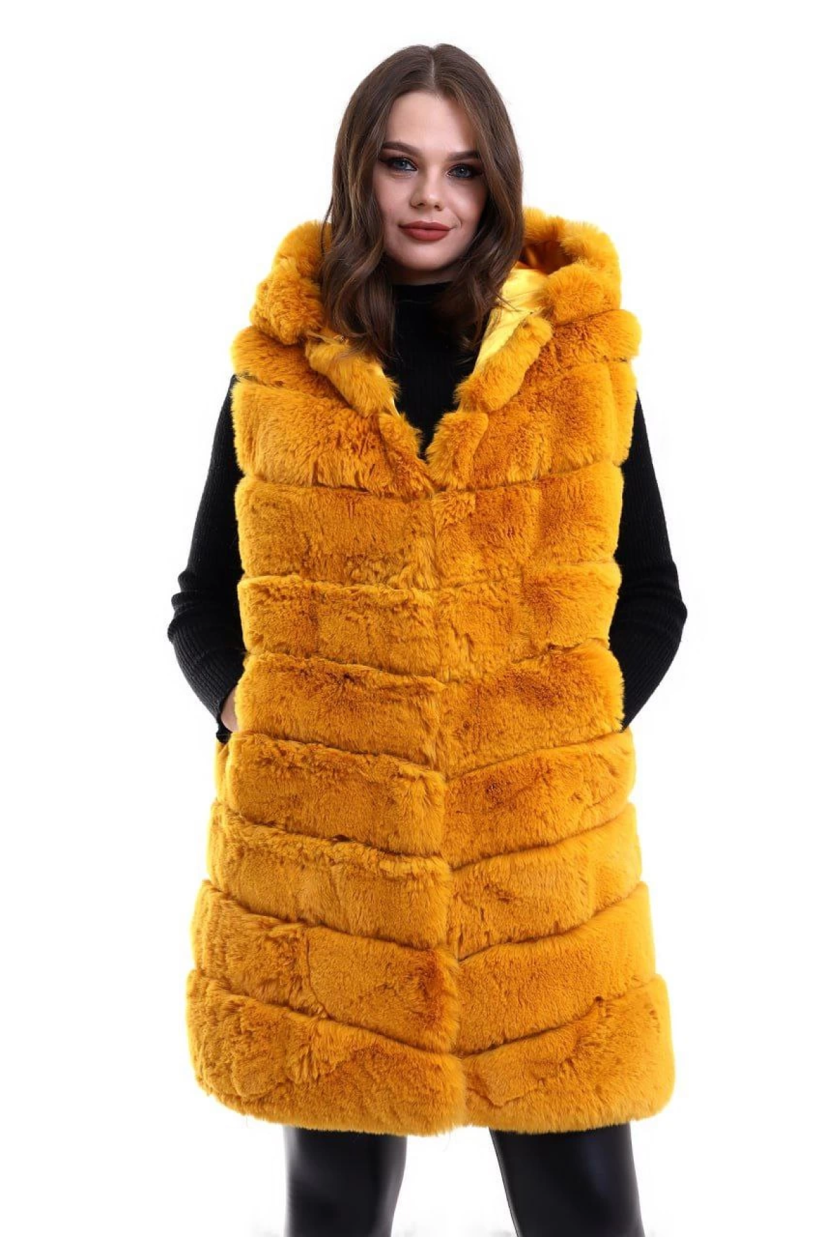 Velmora    Kapşonlu Peluş Kürk Yelek Premium Kalite, Tam Astarlı, Uzun Model - Sarı