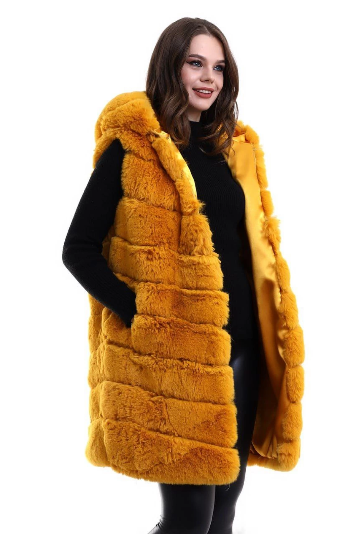 Velmora    Kapşonlu Peluş Kürk Yelek Premium Kalite, Tam Astarlı, Uzun Model - Sarı