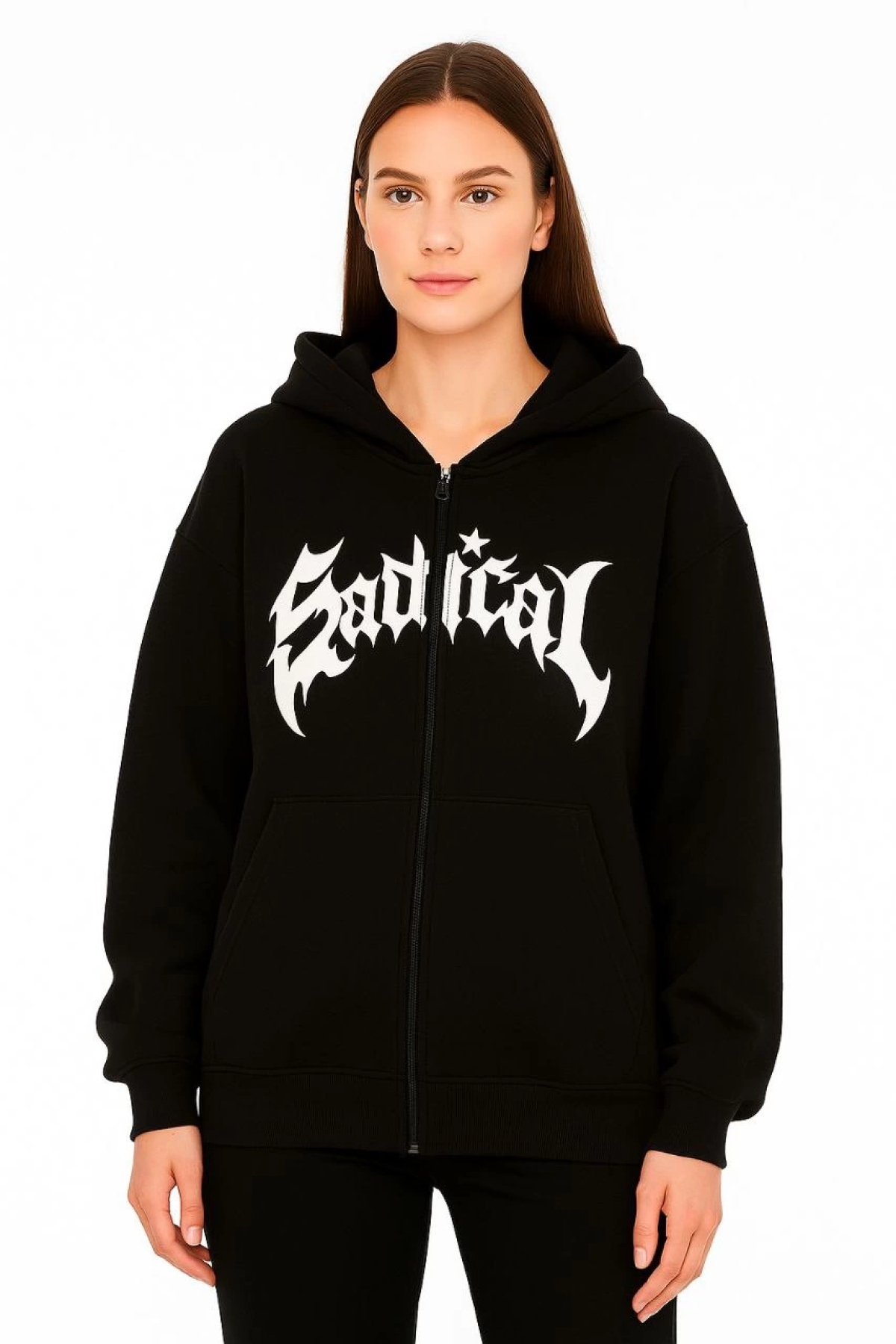 Velmora    Oversize Kapüşonlu Sweatshirt  Hoodie 3 İplik Şardonlu Pamuklu Kumaş, Önü Baskılı, Fermuarlı Rahat Kalıp, Kışlık ve Sokak Stili Sweat - Siyah