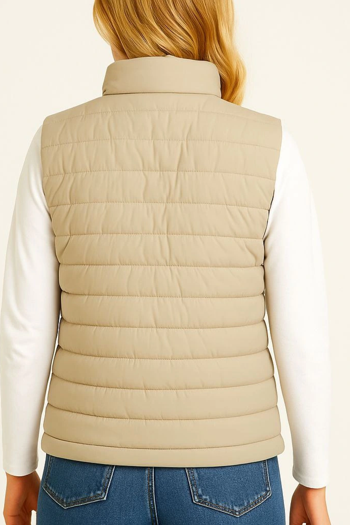 Velmora Şişme Fermuarlı Yelek Su itici Kapitone Astarlı Kumaş Cepli Hafif Kışlık Spor Rahat Kalıp - Bej