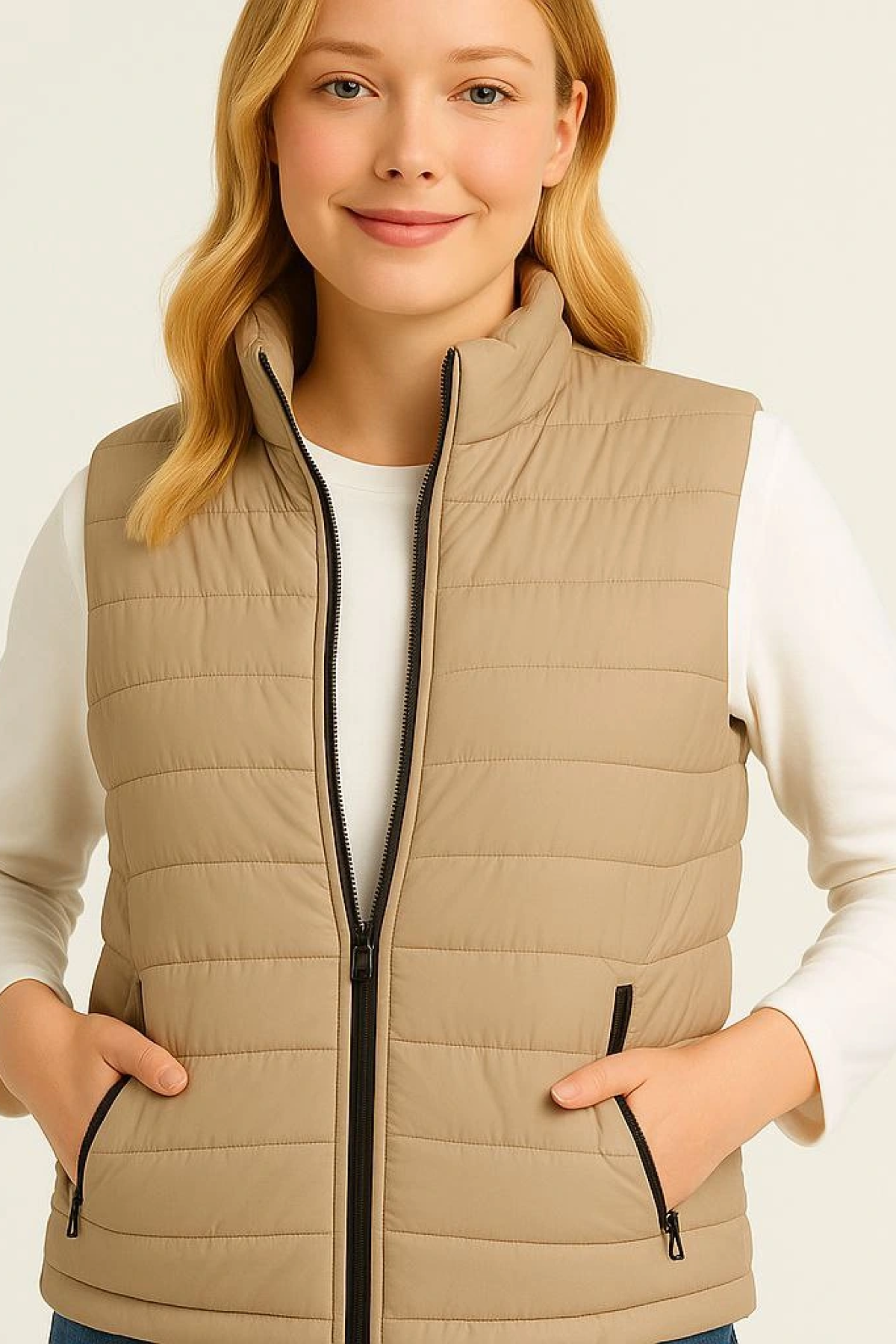 Velmora Şişme Fermuarlı Yelek Su itici Kapitone Astarlı Kumaş Cepli Hafif Kışlık Spor Rahat Kalıp - Bej