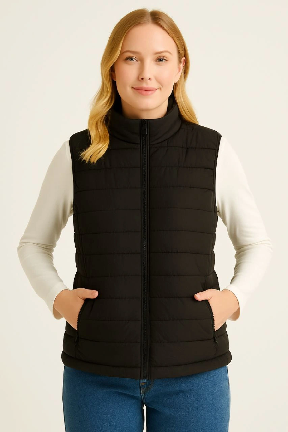 Velmora Şişme Fermuarlı Yelek Su itici Kapitone Astarlı Kumaş Cepli Hafif Kışlık Spor Rahat Kalıp - Siyah