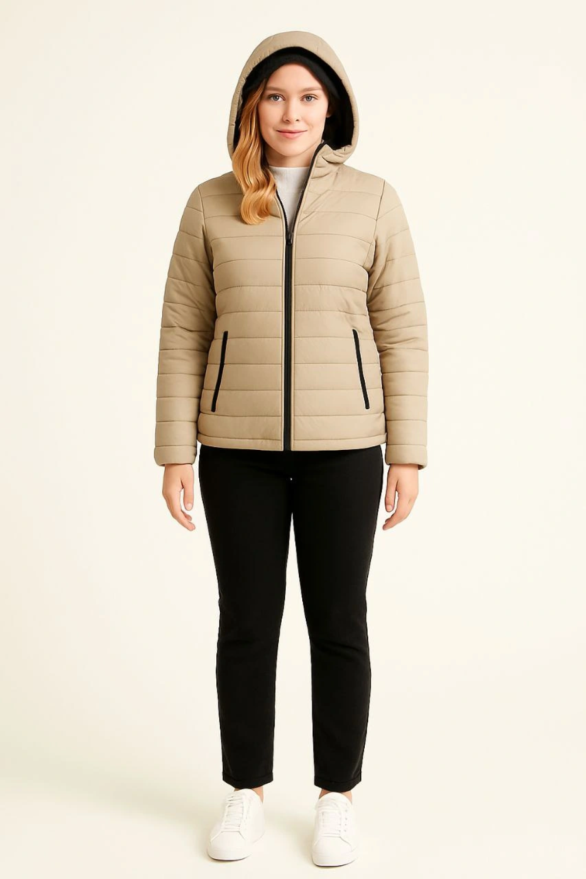 Velmora Şişme Kapüşonlu Fermuarlı Mont Su itici Kapitone Astarlı Kumaş Cepli Kışlık Rahat Kalıp - Bej