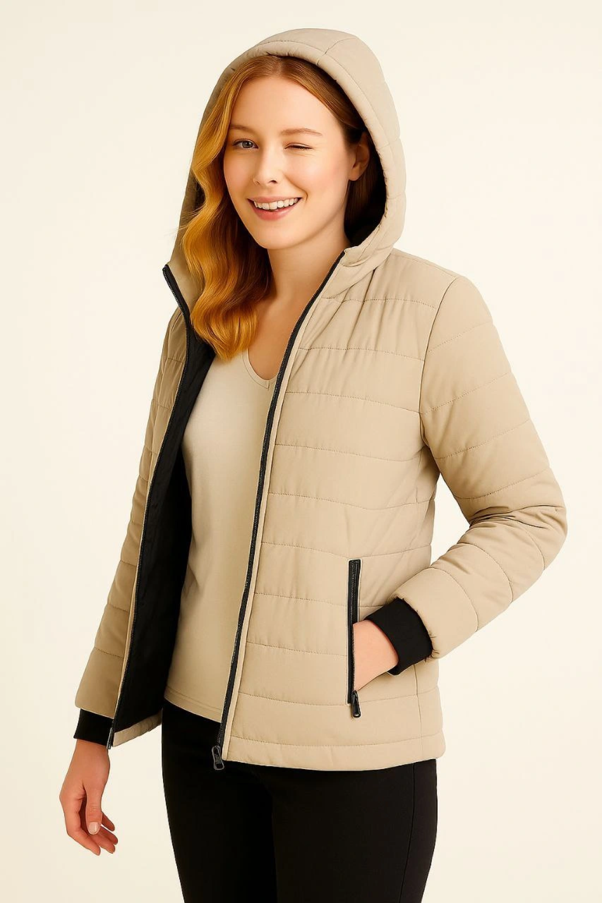 Velmora Şişme Kapüşonlu Fermuarlı Mont Su itici Kapitone Astarlı Kumaş Cepli Kışlık Rahat Kalıp - Bej