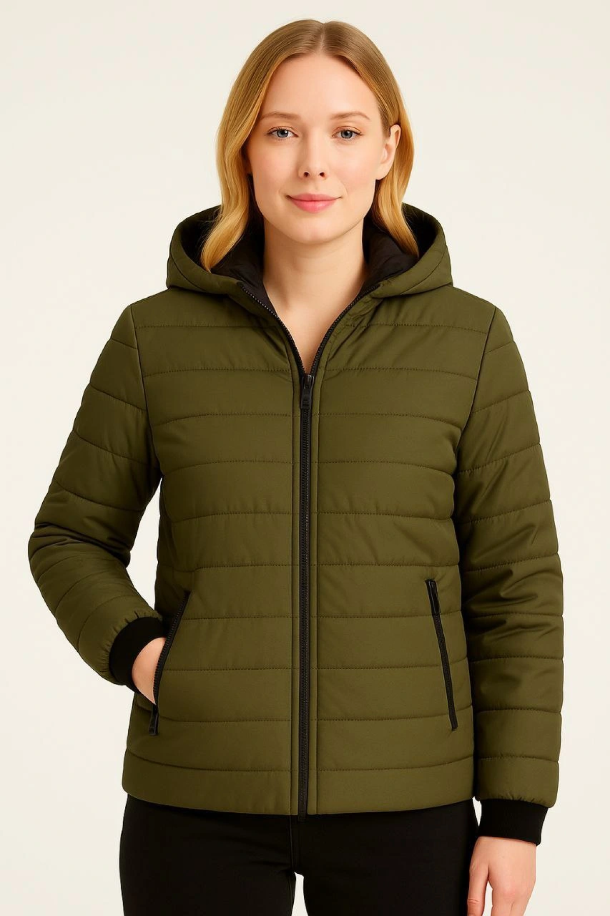 Velmora Şişme Kapüşonlu Fermuarlı Mont Su itici Kapitone Astarlı Kumaş Cepli Kışlık Rahat Kalıp - Haki