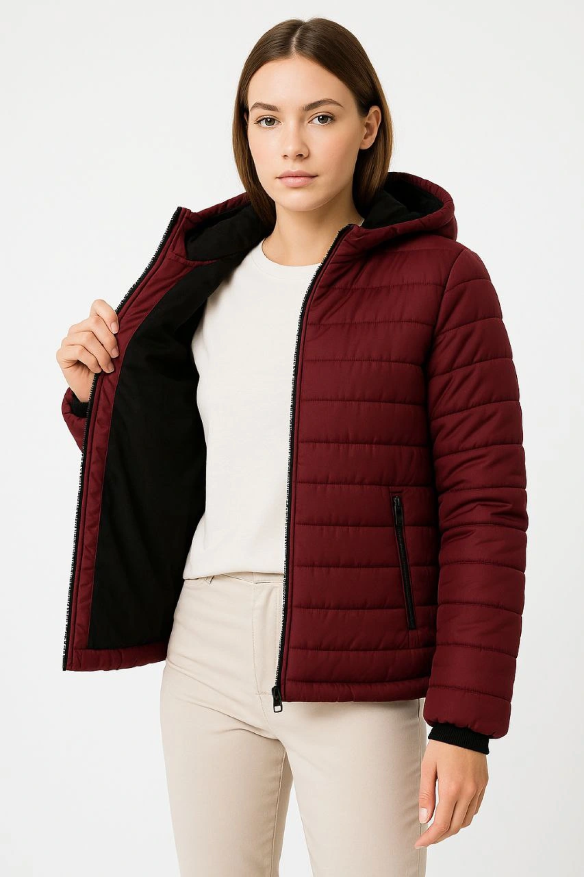 Velmora Şişme Kapüşonlu Fermuarlı Mont Su itici Kapitone Astarlı Kumaş Cepli Kışlık Rahat Kalıp - Bordo