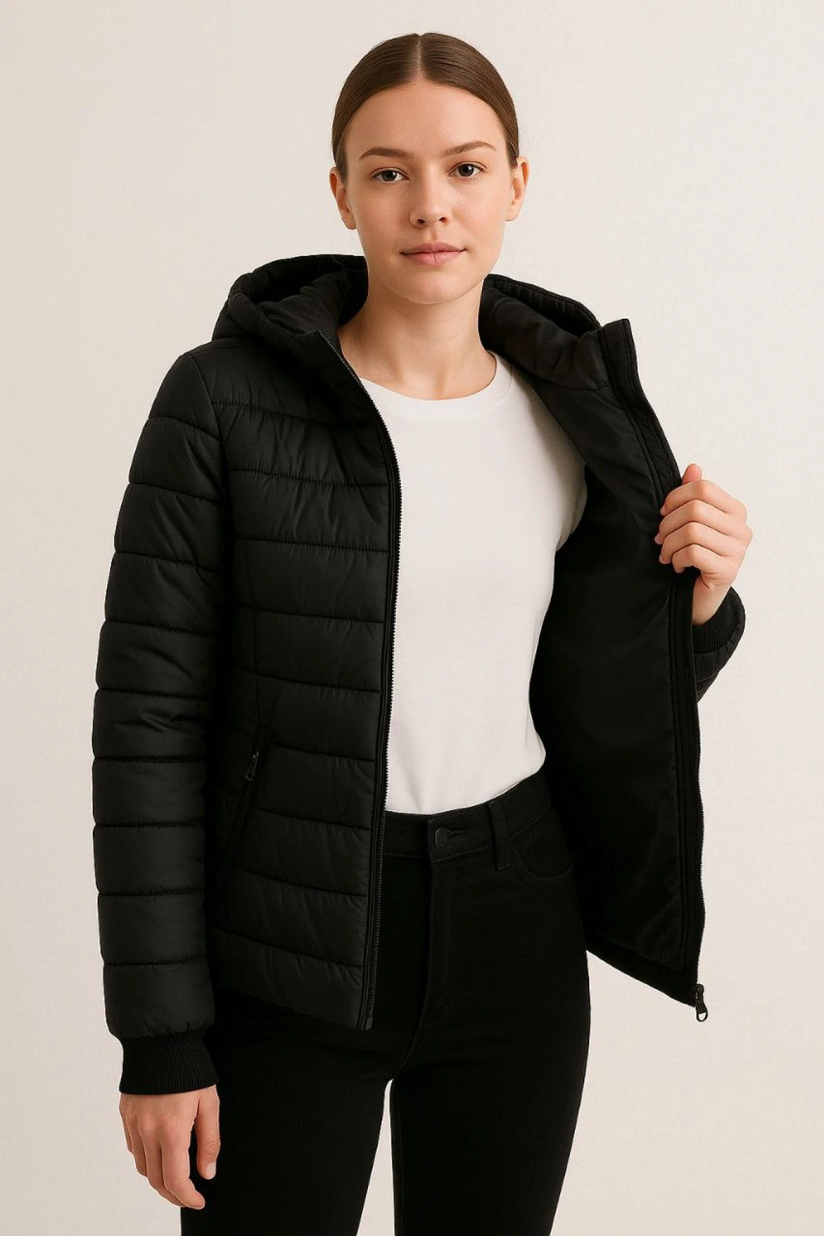 Vuntex Siyah Şişme Kapüşonlu Fermuarlı Mont