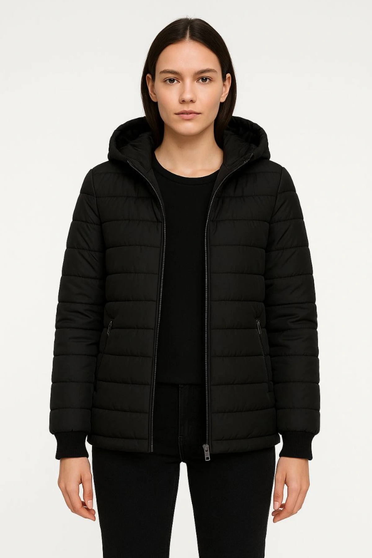 Vuntex Siyah Şişme Kapüşonlu Fermuarlı Mont