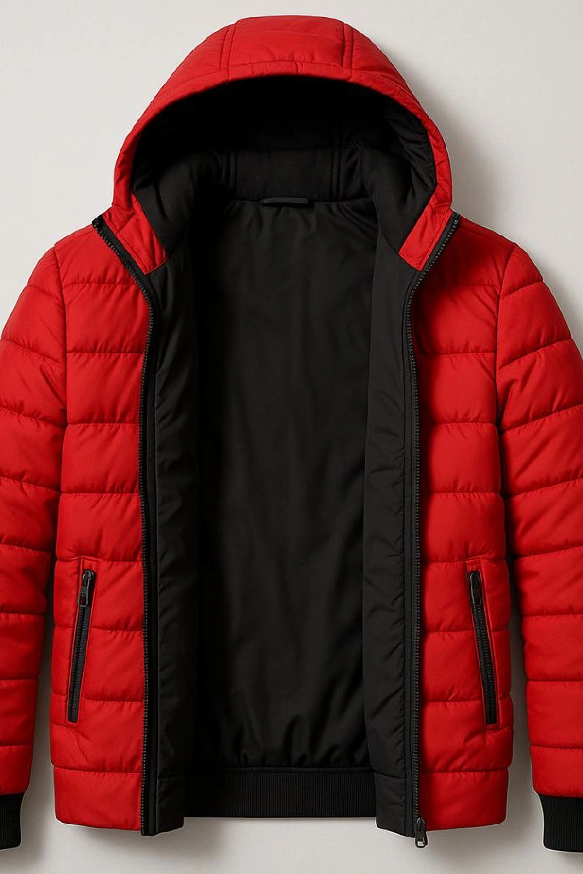 Şişme Kapüşonlu Fermuarlı Mont Su itici Kapitone Astarlı Kumaş Cepli Kışlık Rahat Kalıp - Kırmızı