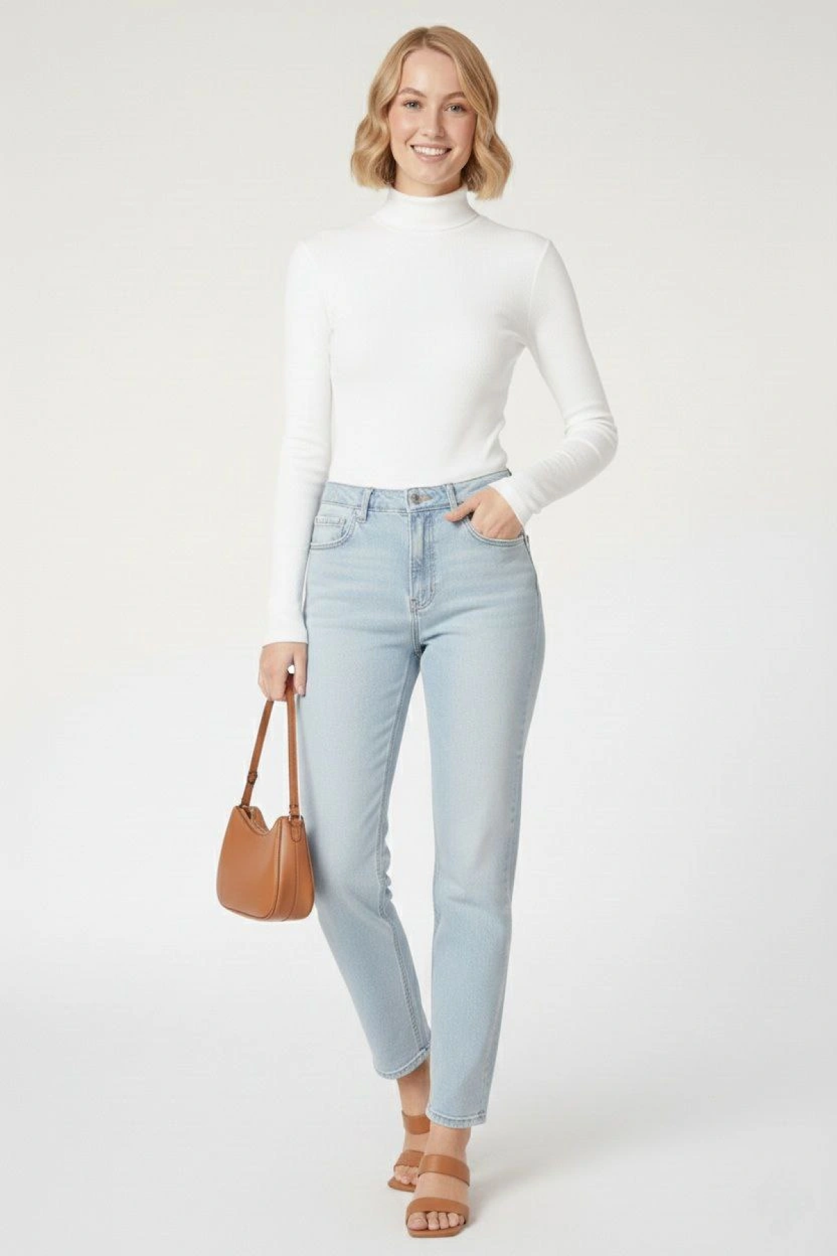 Velmora Premium Tam Boğazlı Fitilli Likrali Kaşkorse Badi İnce Uzun Kollu Kazak - Beyaz