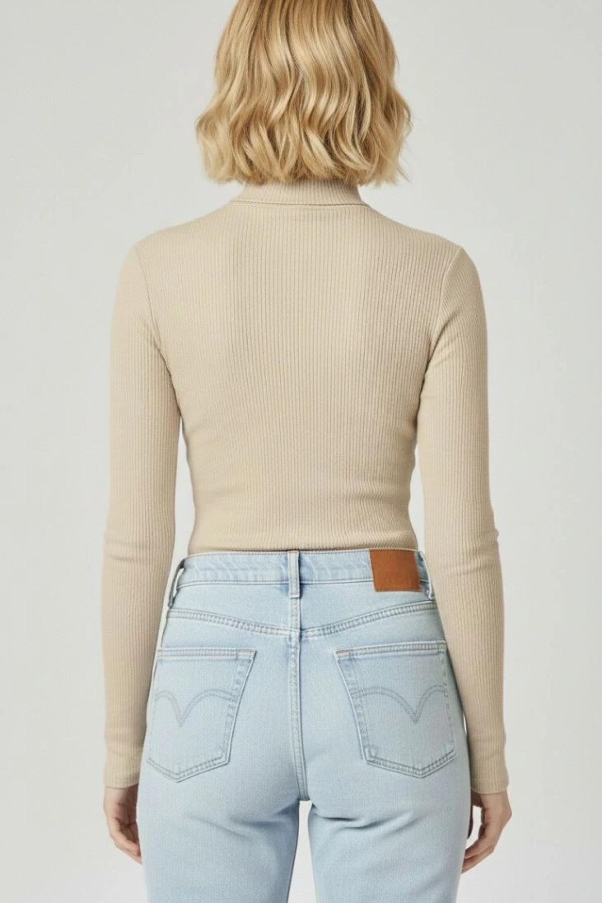 Velmora Premium Tam Boğazlı Fitilli Likrali Kaşkorse Badi İnce Uzun Kollu Kazak - Bej