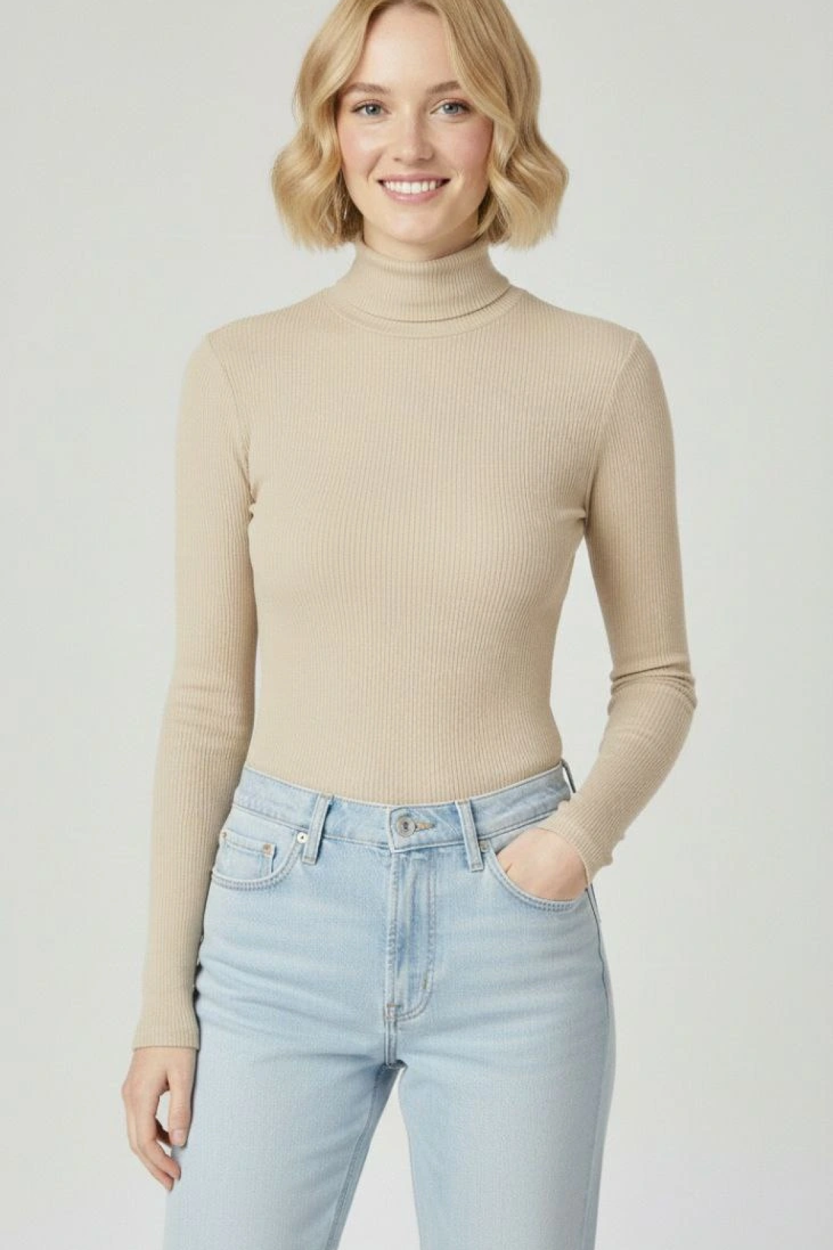 Velmora Premium Tam Boğazlı Fitilli Likrali Kaşkorse Badi İnce Uzun Kollu Kazak - Bej