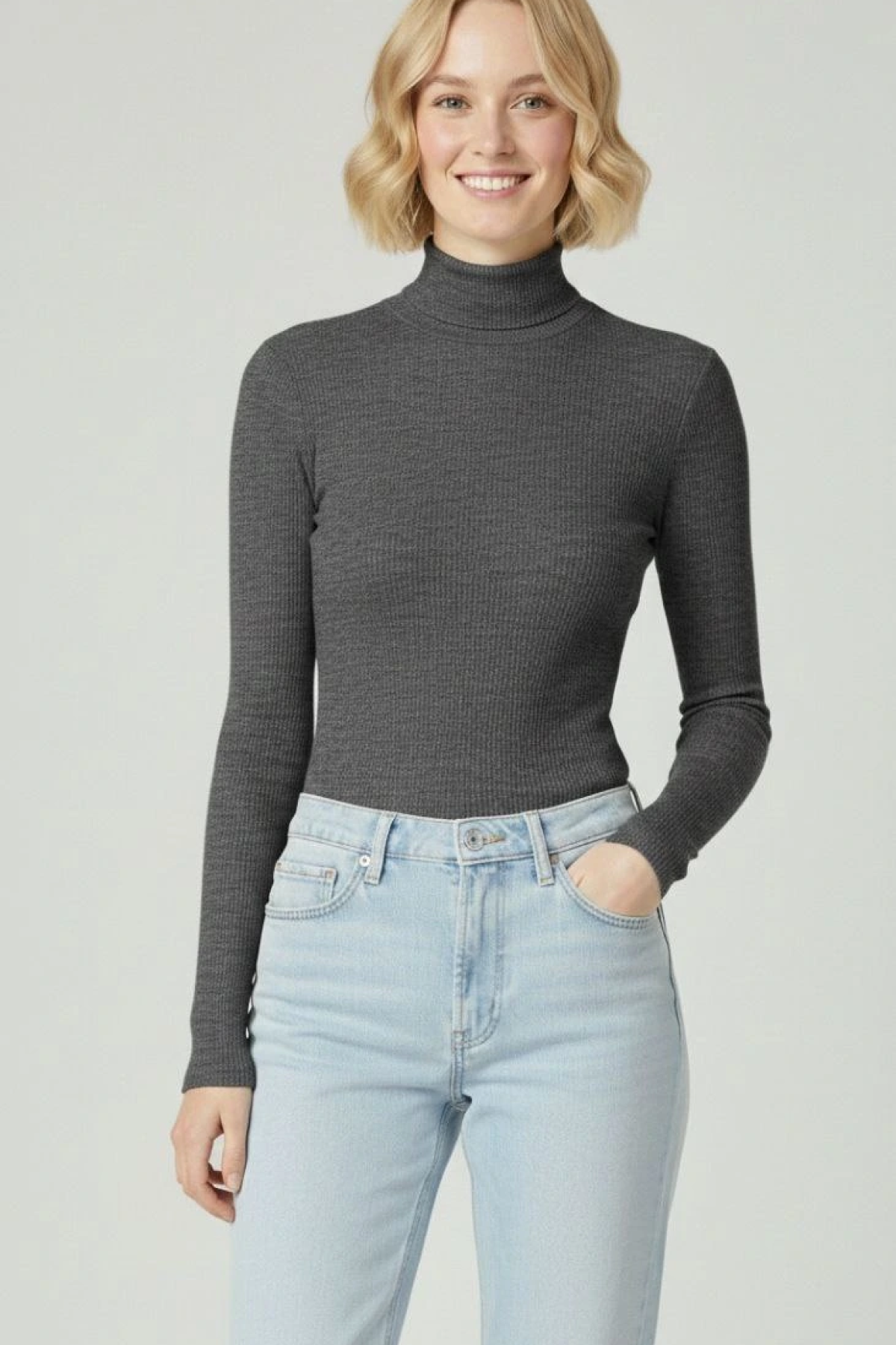 Velmora Premium Tam Boğazlı Fitilli Likrali Kaşkorse Badi İnce Uzun Kollu Kazak - Antrasit