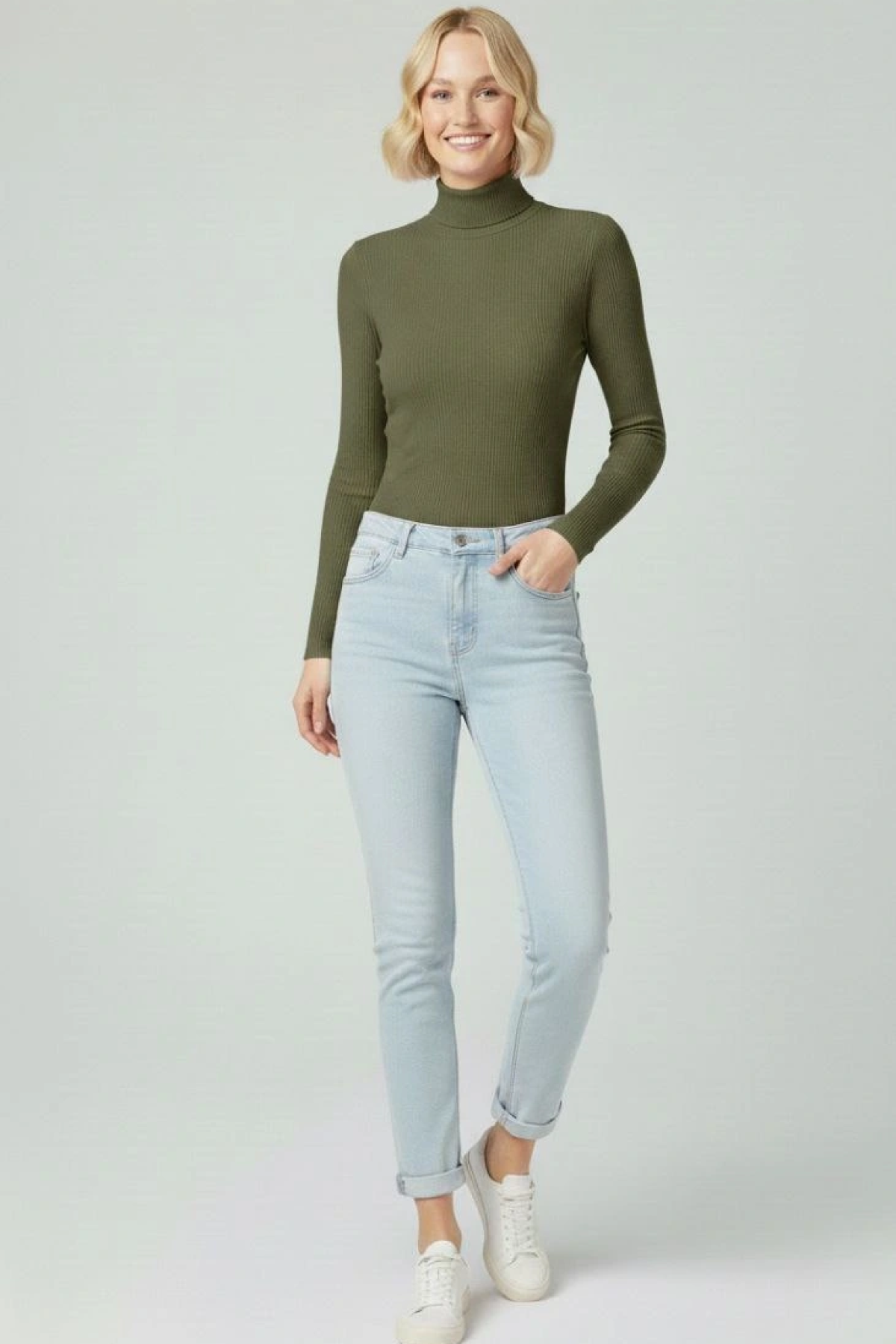 Velmora Premium Tam Boğazlı Fitilli Likrali Kaşkorse Badi İnce Uzun Kollu Rahat Kazak - Haki