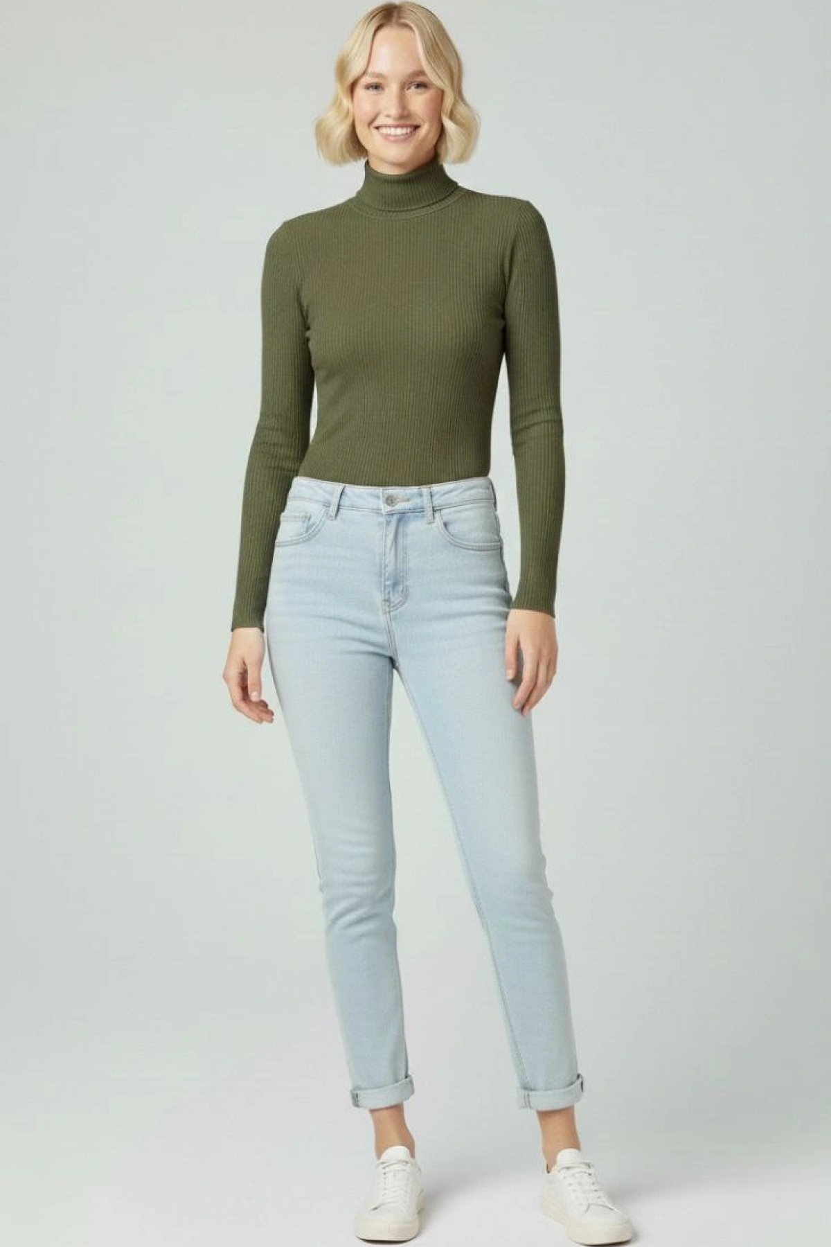 Velmora Premium Tam Boğazlı Fitilli Likrali Kaşkorse Badi İnce Uzun Kollu Rahat Kazak - Haki