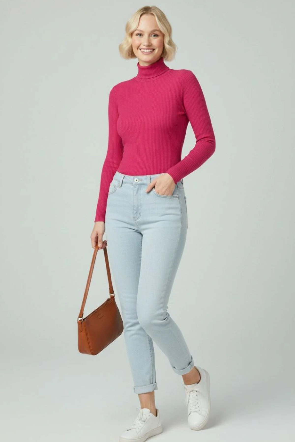 Velmora Premium Tam Boğazlı Fitilli Likrali Kaşkorse Badi İnce Uzun Kollu Kazak - Pembe