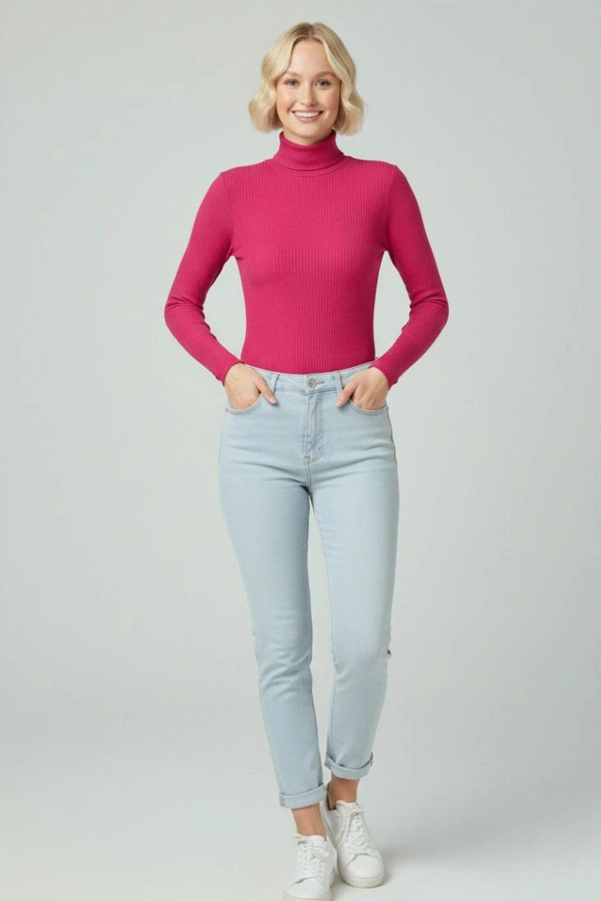 Velmora Premium Tam Boğazlı Fitilli Likrali Kaşkorse Badi İnce Uzun Kollu Kazak - Pembe