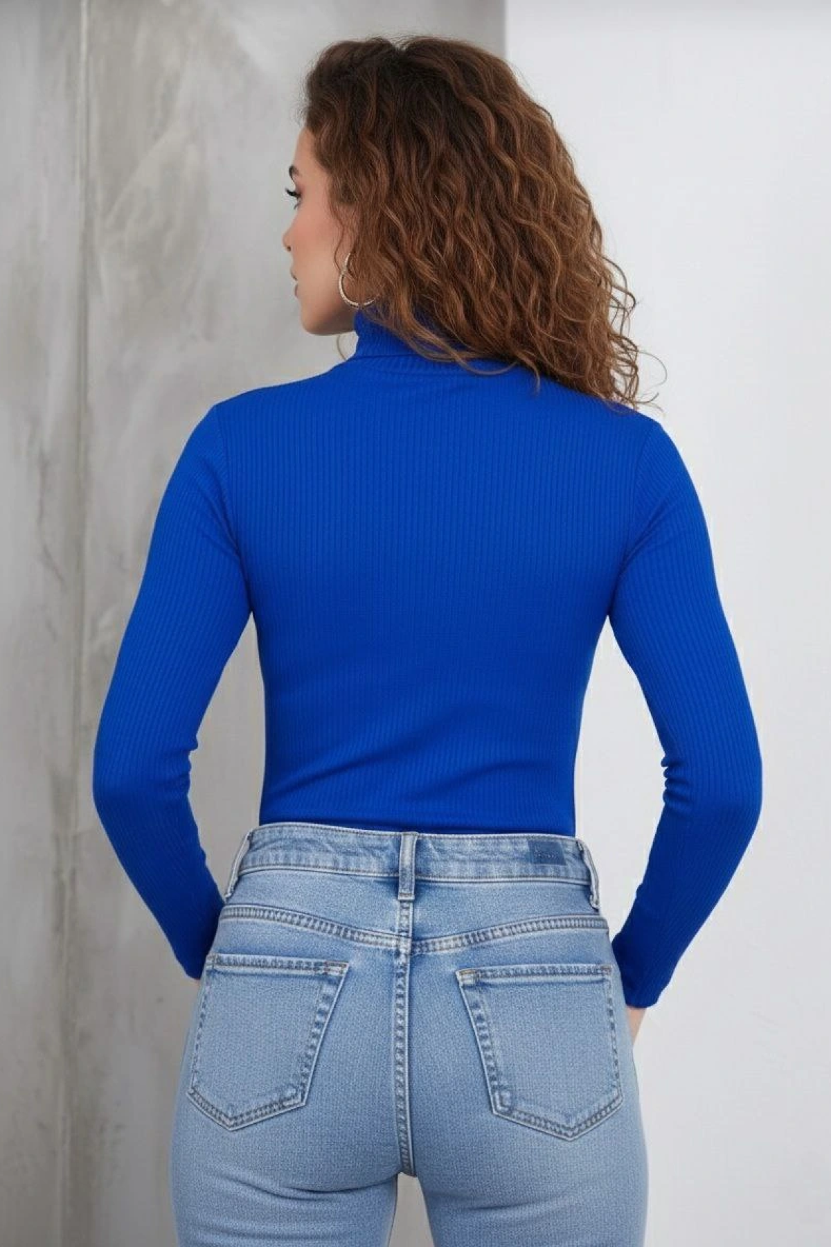 Velmora Premium Tam Boğazlı Fitilli Likrali Kaşkorse Badi İnce Uzun Kollu Kazak - Saks Mavisi