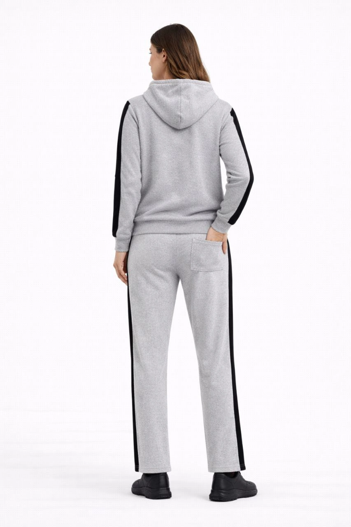 Velmora Premium Yandan Şeritli Eşofman Takım Kapüşonlu Sweatshirt Boru Paça Alt, Oversize 3 iplik Pamuklu - Gri