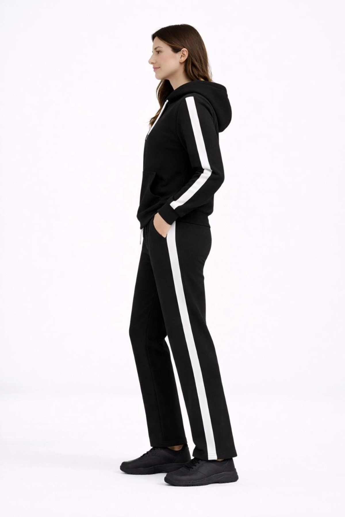 Velmora Premium Yandan Şeritli Eşofman Takım Kapüşonlu Sweatshirt Boru Paça Alt, Oversize 3 iplik Pamuklu - Siyah