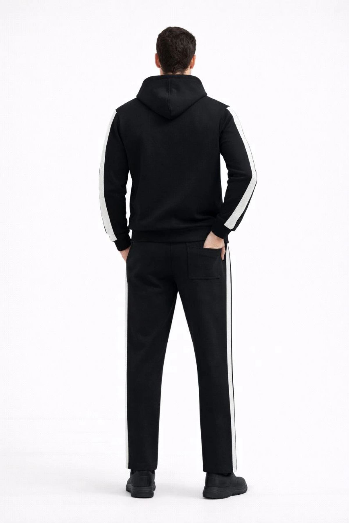 Velmora Premium Şeritli Eşofman Takım Kapüşonlu Sweatshirt Boru Paça Alt, Oversize 3 iplik Pamuklu - Siyah