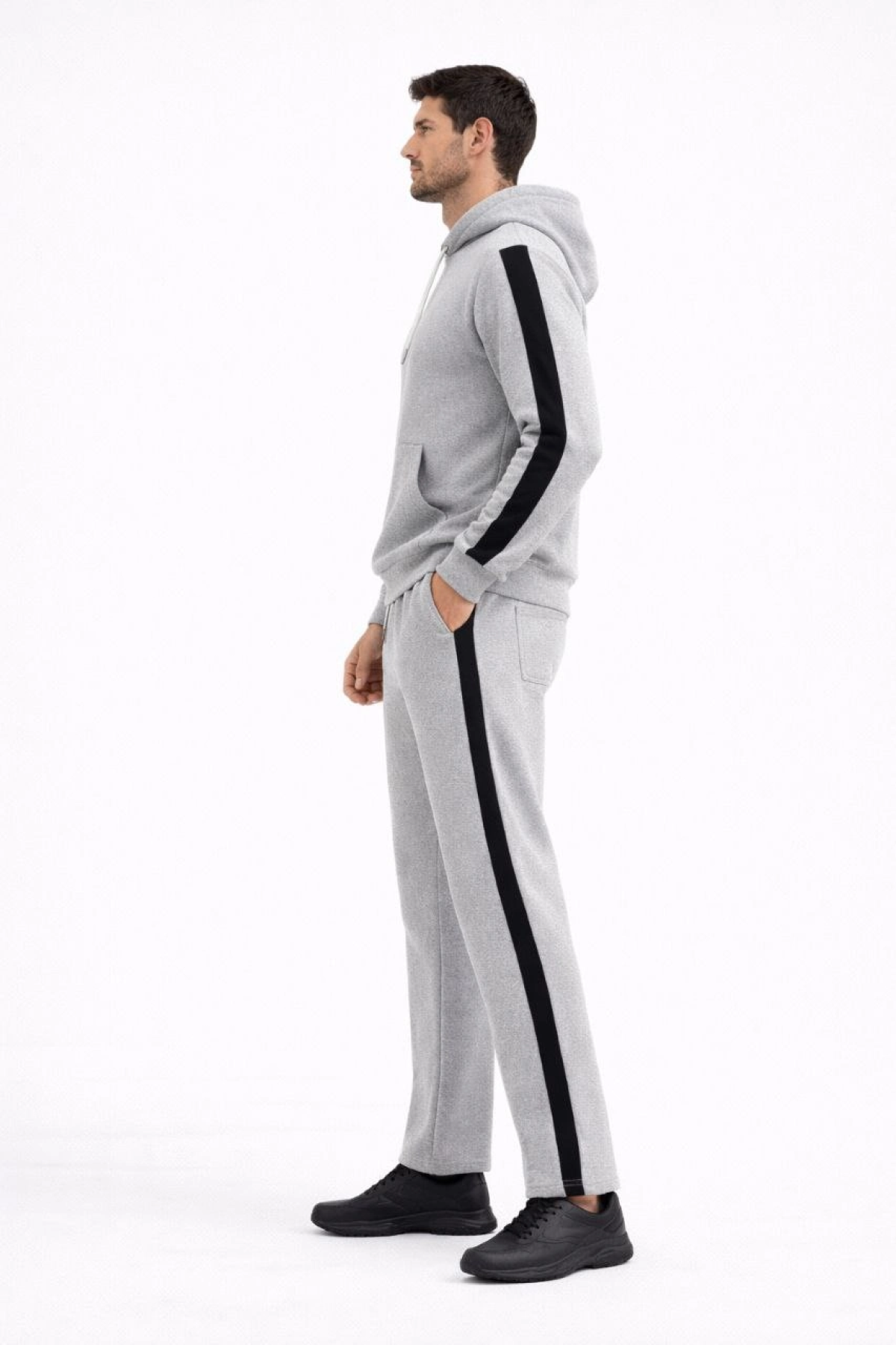 Velmora Premium Şeritli Eşofman Takım Kapüşonlu Sweatshirt Boru Paça Alt, Oversize 3 iplik Pamuklu - Gri
