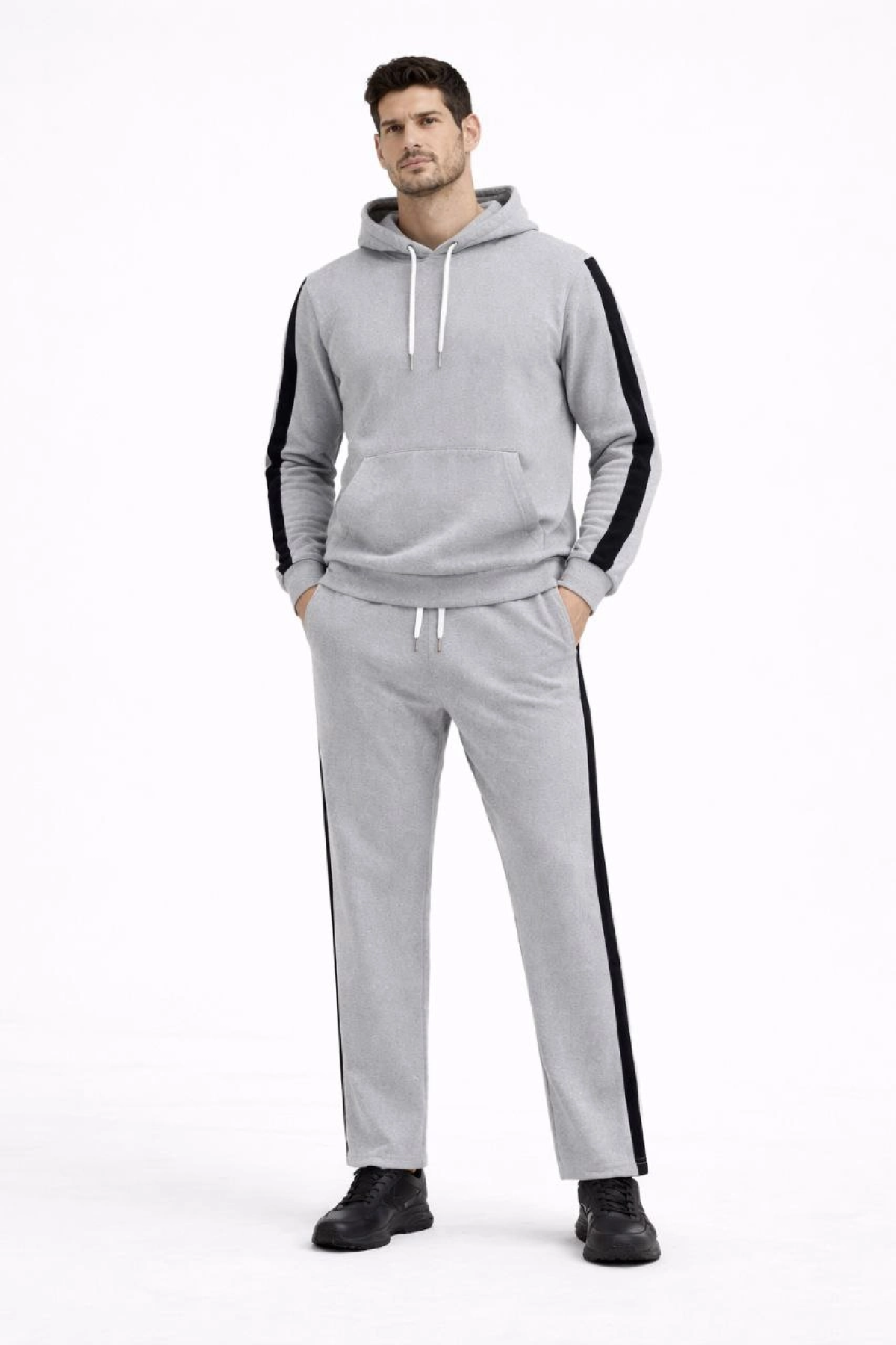 Velmora Premium Şeritli Eşofman Takım Kapüşonlu Sweatshirt Boru Paça Alt, Oversize 3 iplik Pamuklu - Gri