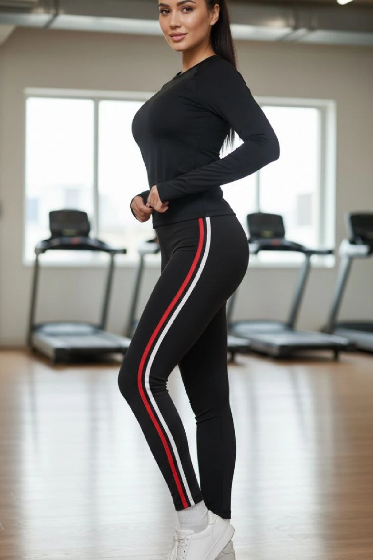 Kadın Likralı Penye Yanı Kırmızı Beyaz Şeritli Dar Kalıp Spor Tayt - Siyah