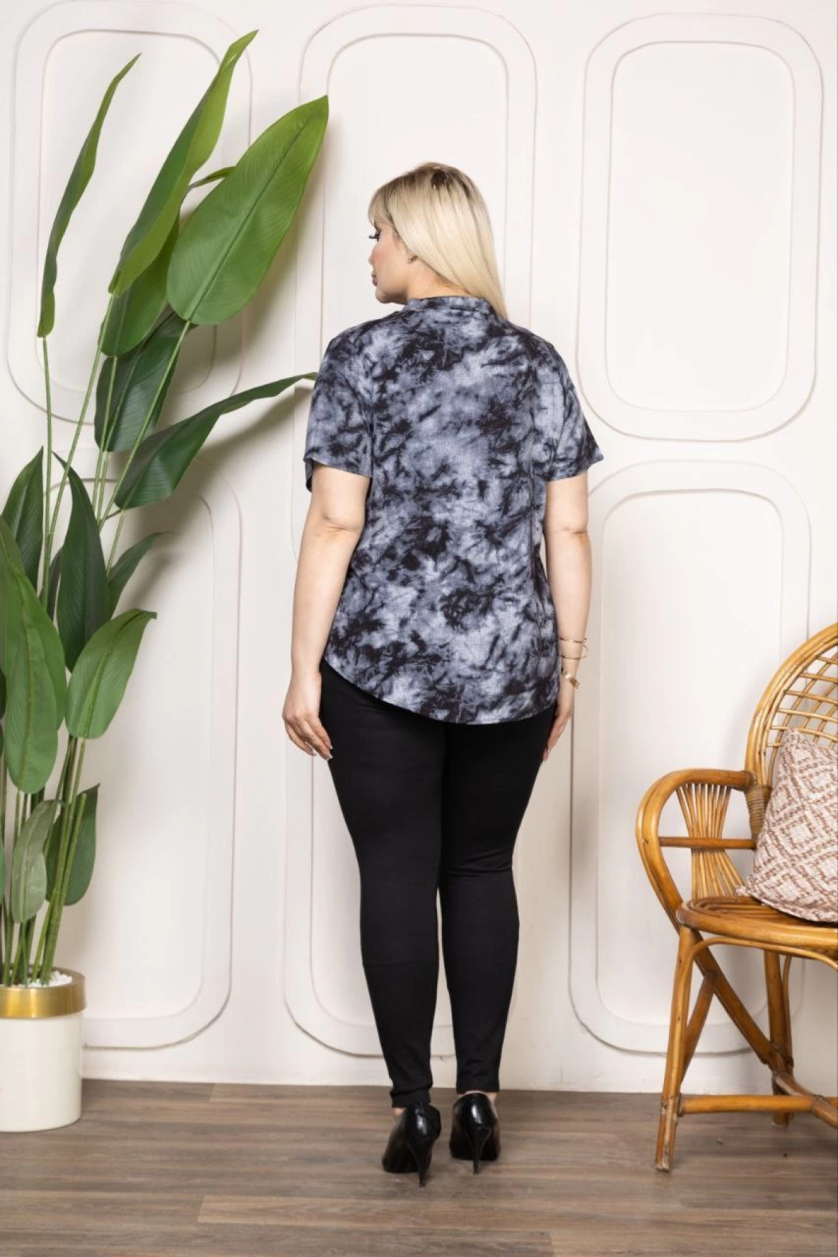 Kadın Desenli Püsküllü Viskon Bluz Bebe Yaka Kısa Kollu Big Size Rahat Kesim - Desenli