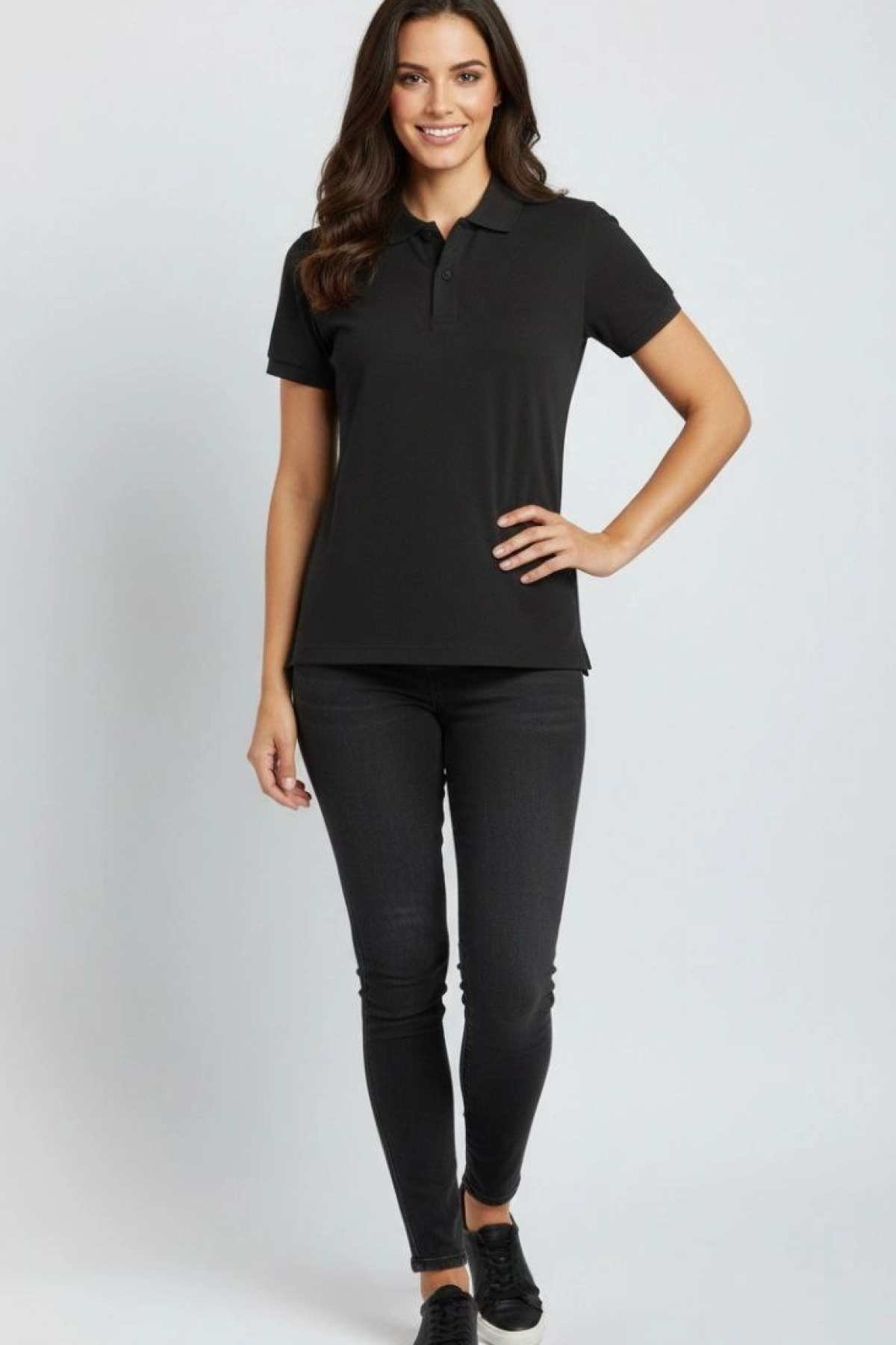 Laven Kadın Siyah Pike Kumaş Düğmeli Polo Yaka Tişört