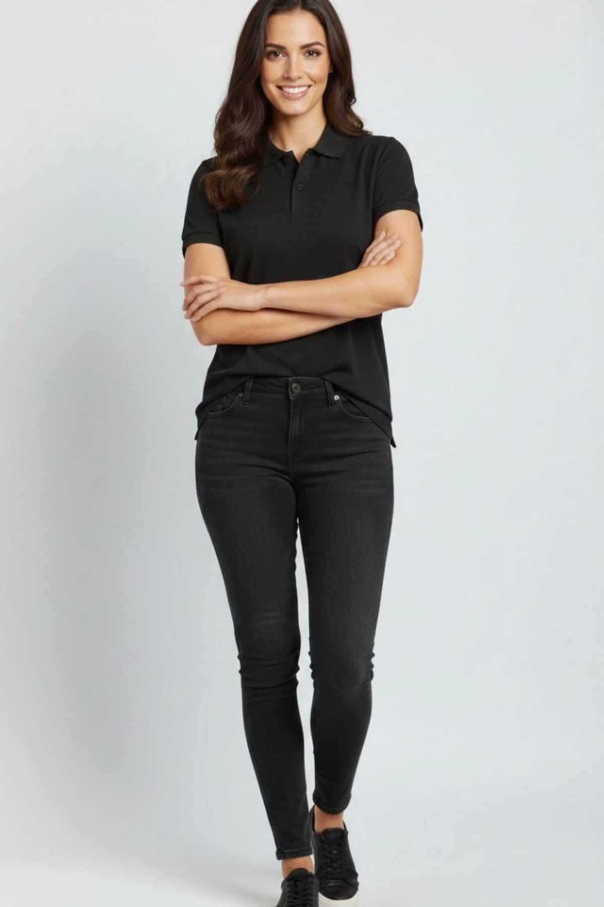 Laven Kadın Siyah Pike Kumaş Düğmeli Polo Yaka Tişört