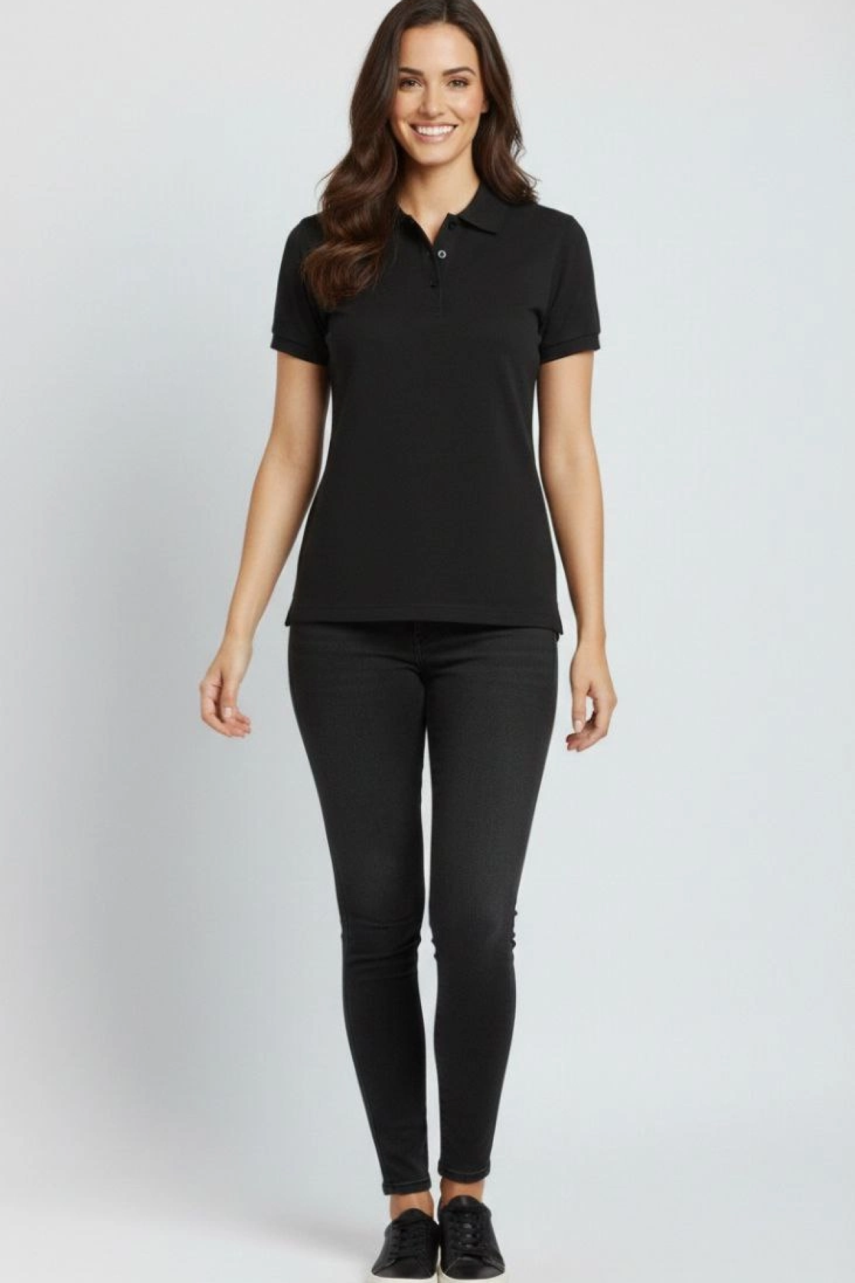 Laven Kadın Siyah Pike Kumaş Düğmeli Polo Yaka Tişört