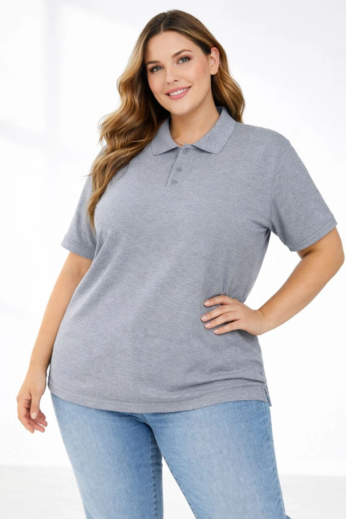 Kadın Pike Kumaş Düğmeli Yaka Battal Büyük Beden Günlük Kısa kol Tişört T-shirt - Gri