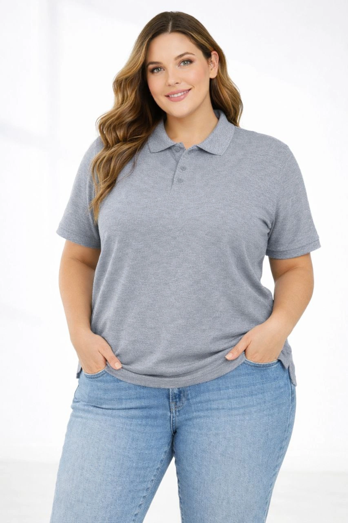 Kadın Pike Kumaş Düğmeli Yaka Battal Büyük Beden Günlük Kısa kol Tişört T-shirt - Gri