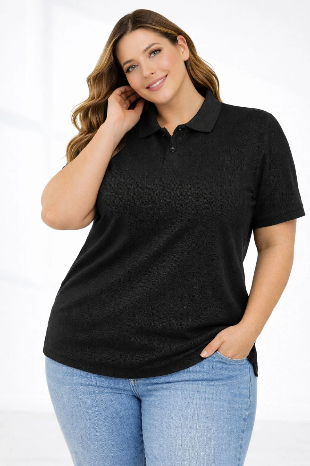 Kadın Pike Kumaş Düğmeli Yaka Battal Büyük Beden Günlük Kısa kol Tişört T-shirt - Siyah