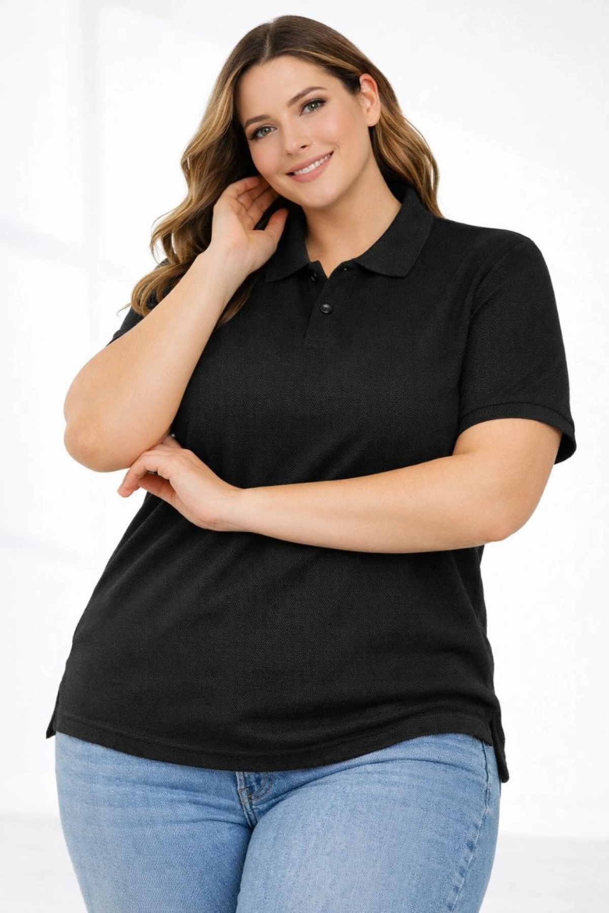 Kadın Pike Kumaş Düğmeli Yaka Battal Büyük Beden Günlük Kısa kol Tişört T-shirt - Siyah