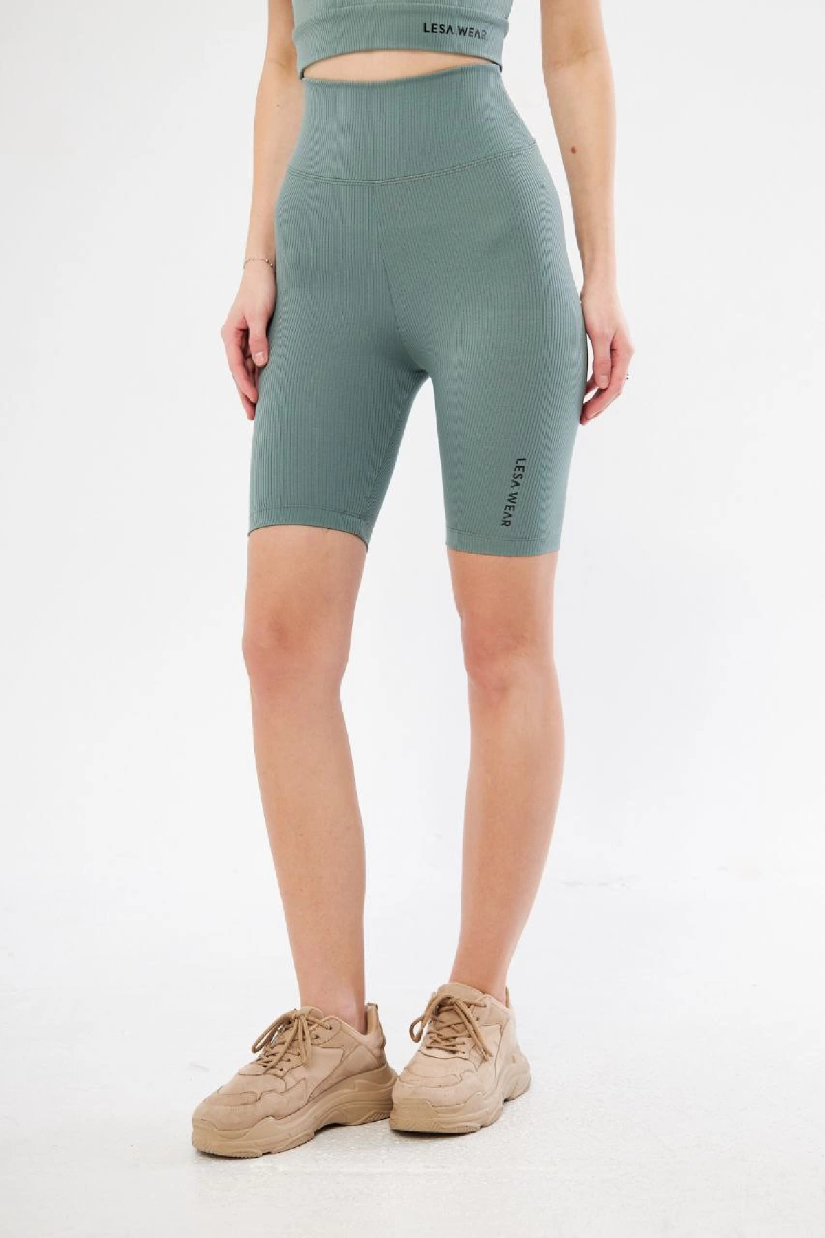 Yüksek Bel Fitilli Biker Baskılı Şort - Mint Yeşili