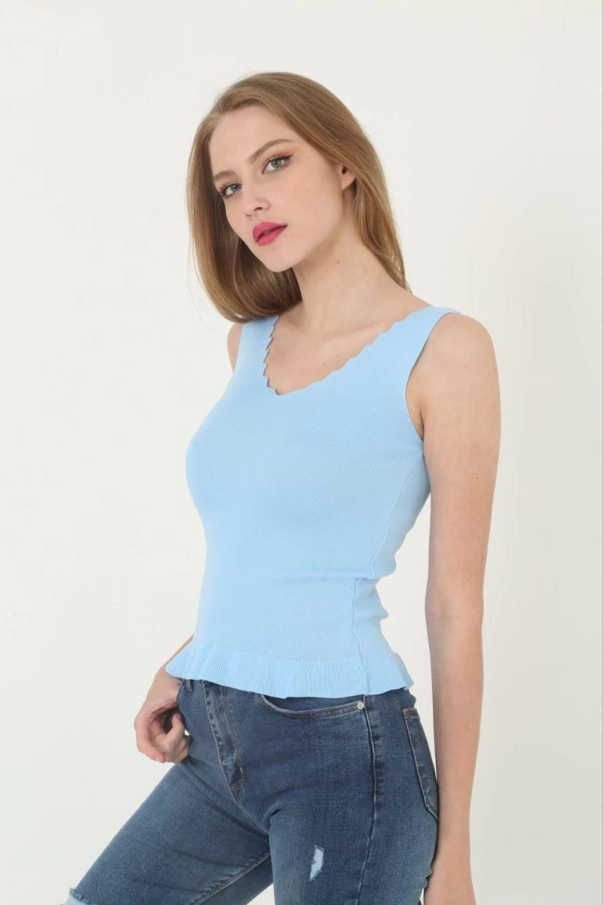 Bozza V Yaka Fırfır Detay Kadın Crop - Mavi