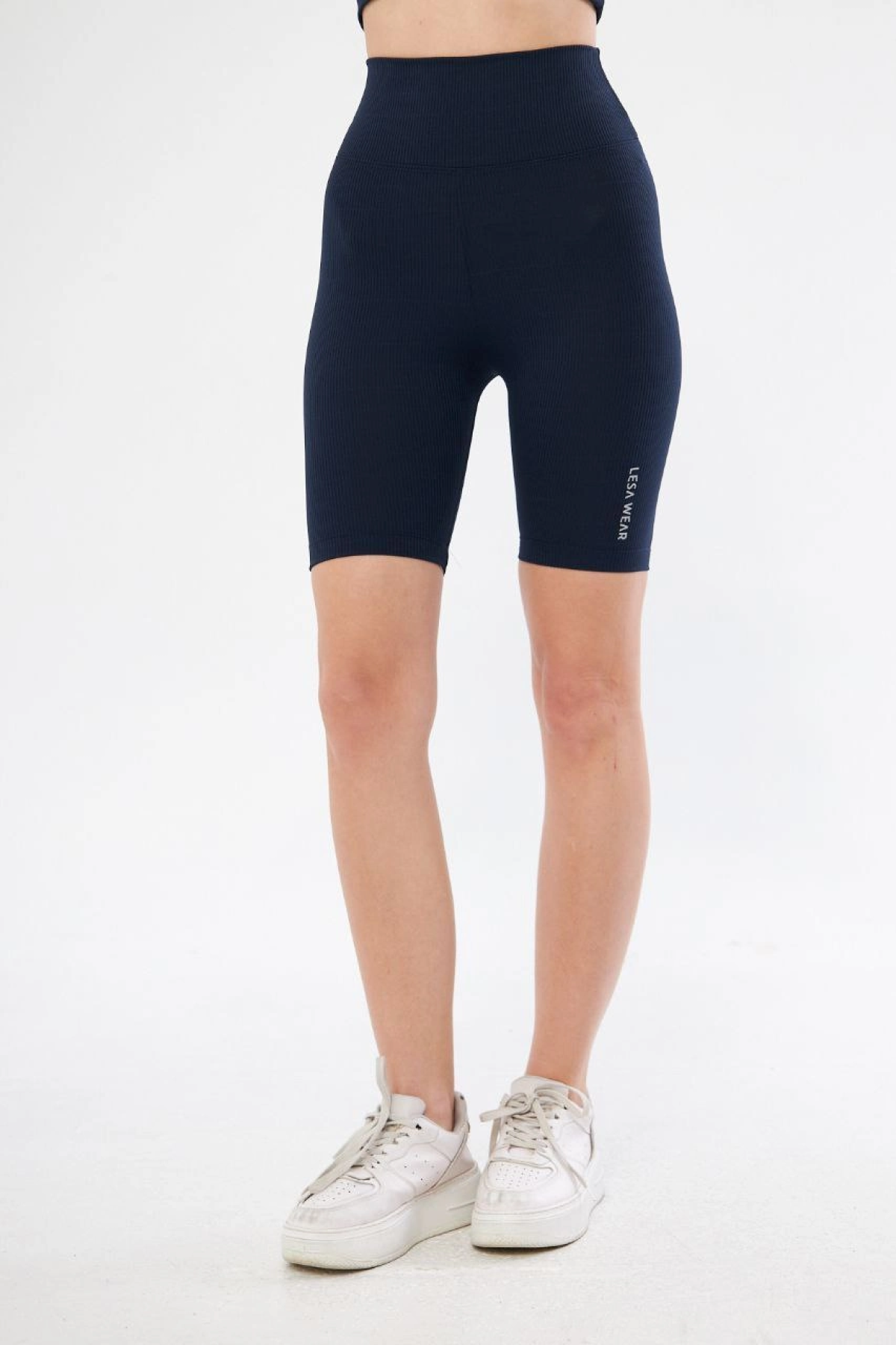 Yüksek Bel Fitilli Biker Baskılı Şort - Lacivert