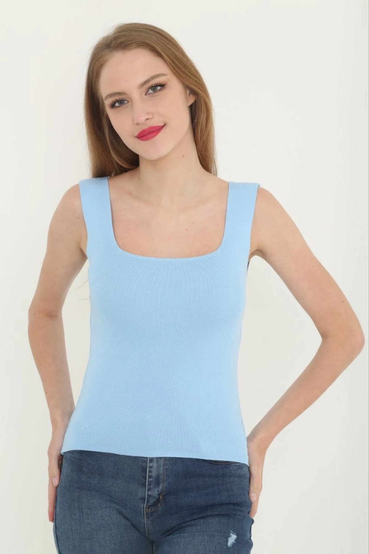 Vubba Mavi Kadın Kare Yaka Detay Crop Bluz