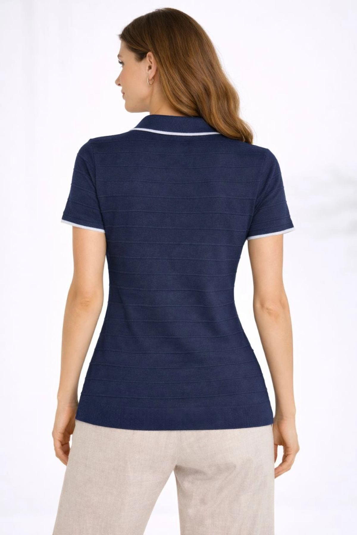 Lacivert Kadın Polo Yaka Fitilli Triko Tişört - Regular Fit Kısa Kollu Örme Bluz
